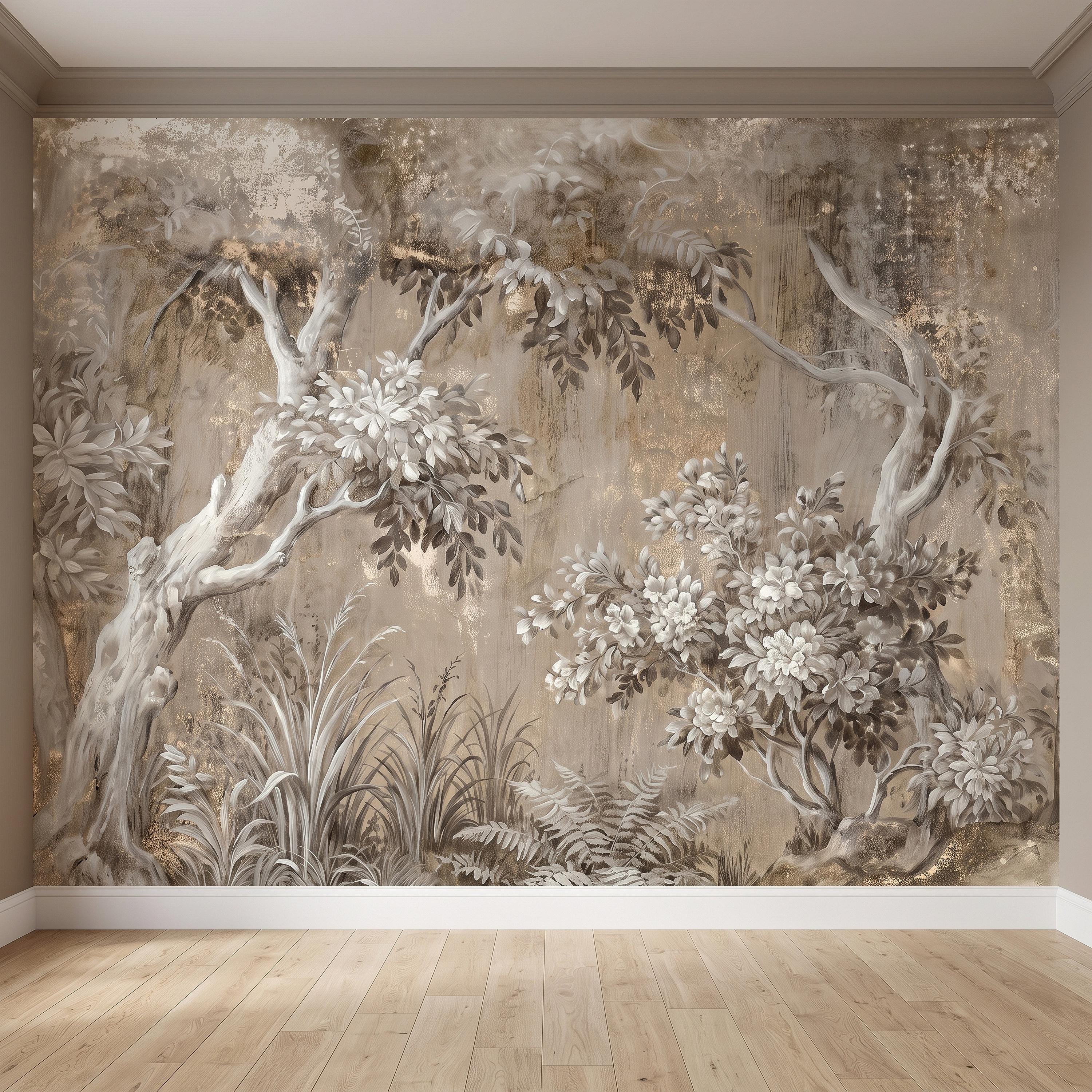 Woodland Forest Peel and Stick Wall Mural, Neutral Trees Blooming Branches Vintage Sepia Botanical Wallpaper