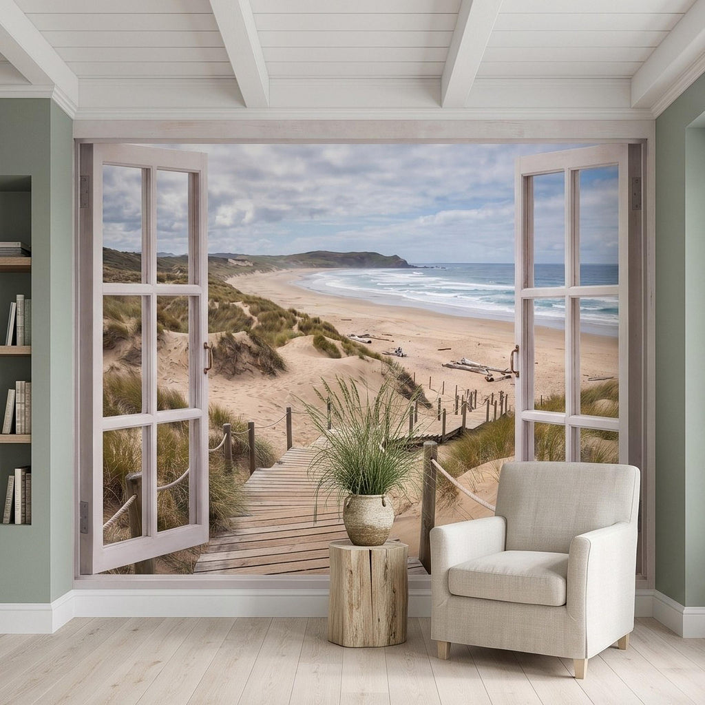 Beach Window View Peel and Stick Wall Mural, Coastal Ocean Dunes Wooden Boardwalk Seaside Landscape Scenic Escape Wallpaper