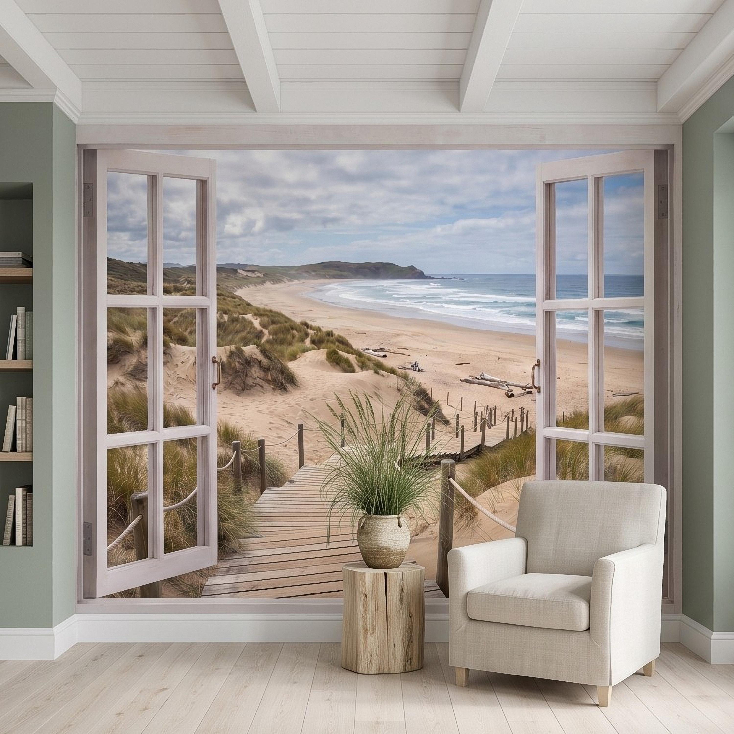 Beach Window View Peel and Stick Wall Mural, Coastal Ocean Dunes Wooden Boardwalk Seaside Landscape Scenic Escape Wallpaper