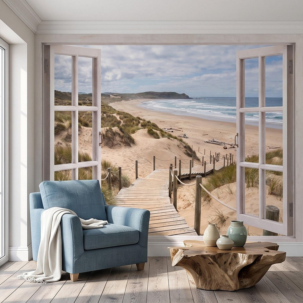 Beach Window View Peel and Stick Wall Mural, Coastal Ocean Dunes Wooden Boardwalk Seaside Landscape Scenic Escape Wallpaper