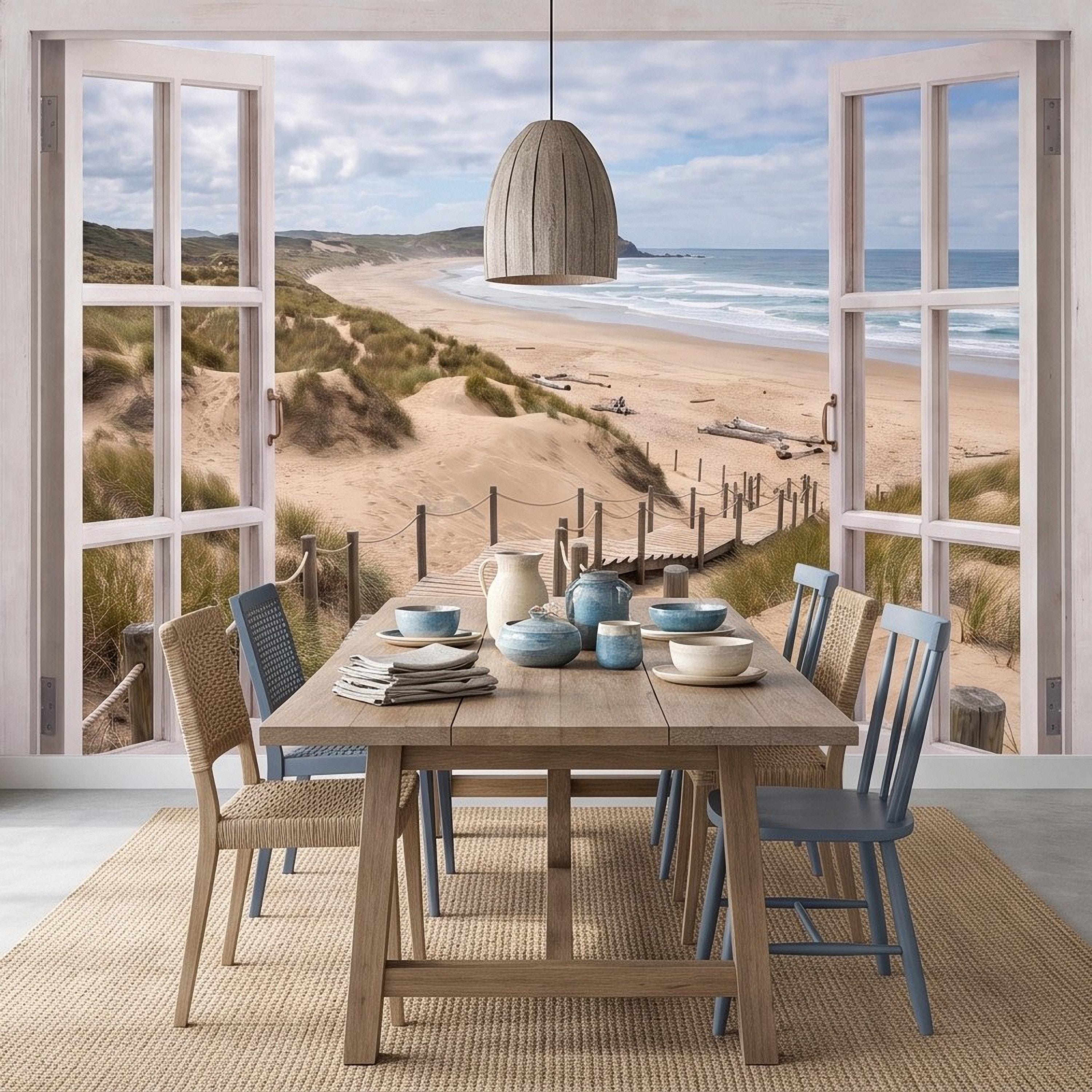Beach Window View Peel and Stick Wall Mural, Coastal Ocean Dunes Wooden Boardwalk Seaside Landscape Scenic Escape Wallpaper