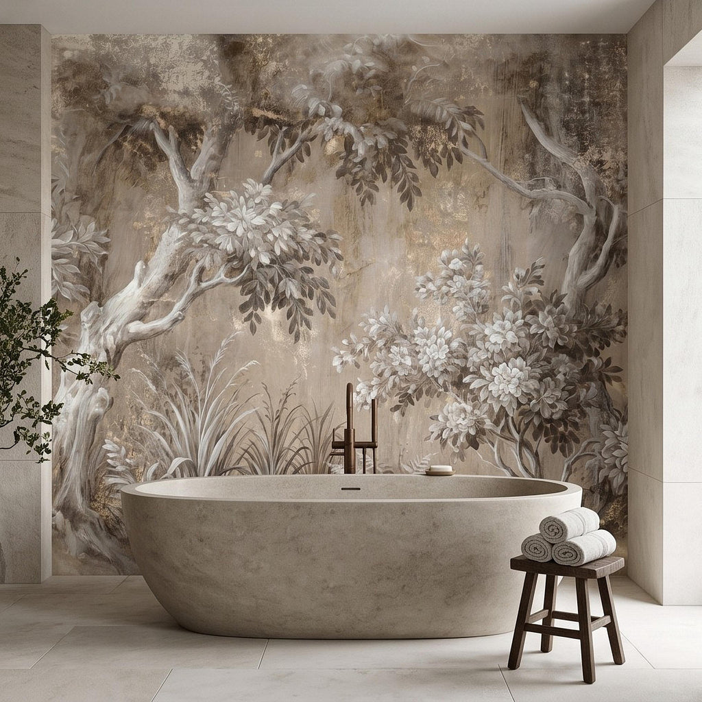 Woodland Forest Peel and Stick Wall Mural, Neutral Trees Blooming Branches Vintage Sepia Botanical Wallpaper