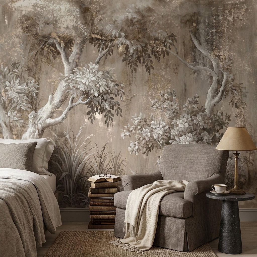 Woodland Forest Peel and Stick Wall Mural, Neutral Trees Blooming Branches Vintage Sepia Botanical Wallpaper