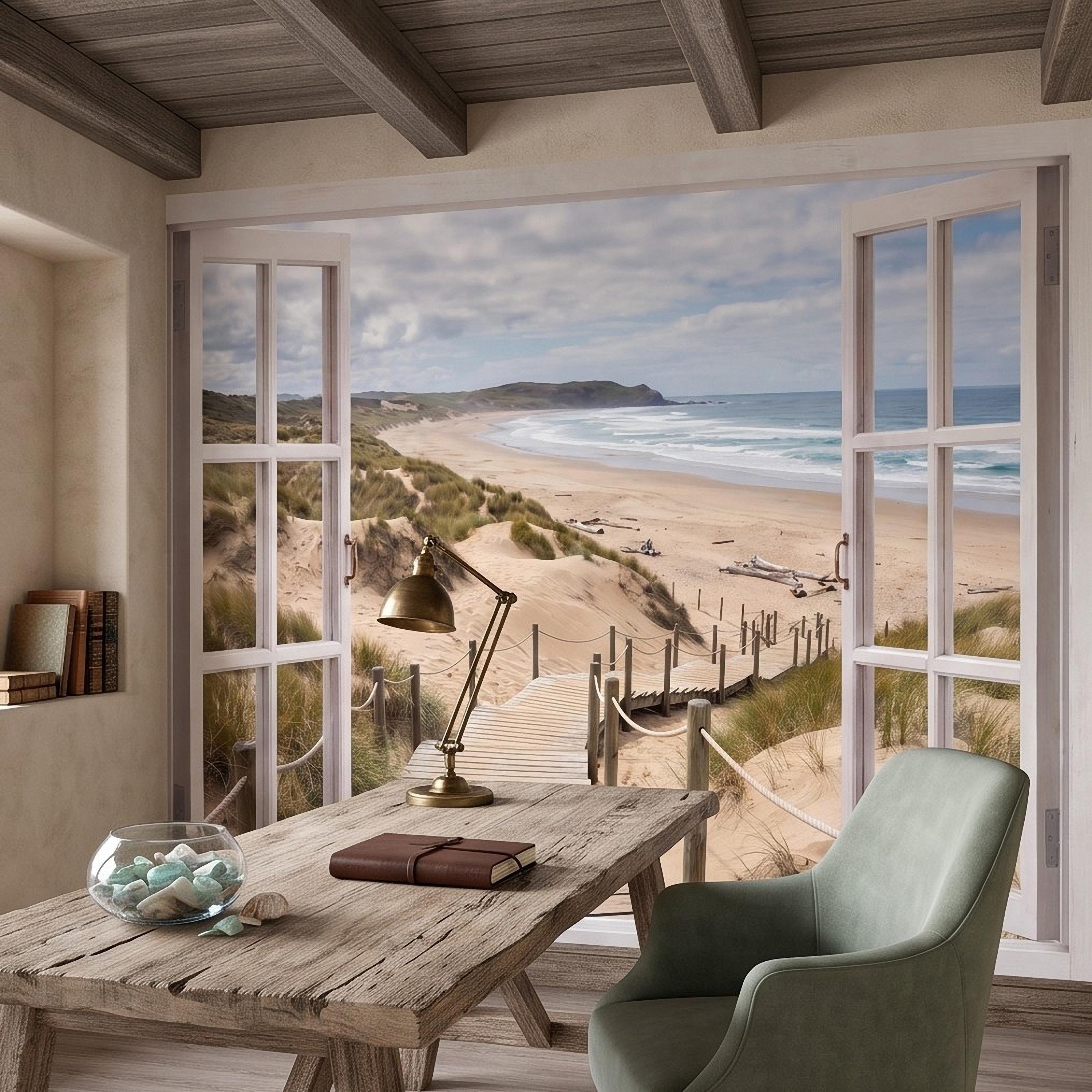 Beach Window View Peel and Stick Wall Mural, Coastal Ocean Dunes Wooden Boardwalk Seaside Landscape Scenic Escape Wallpaper