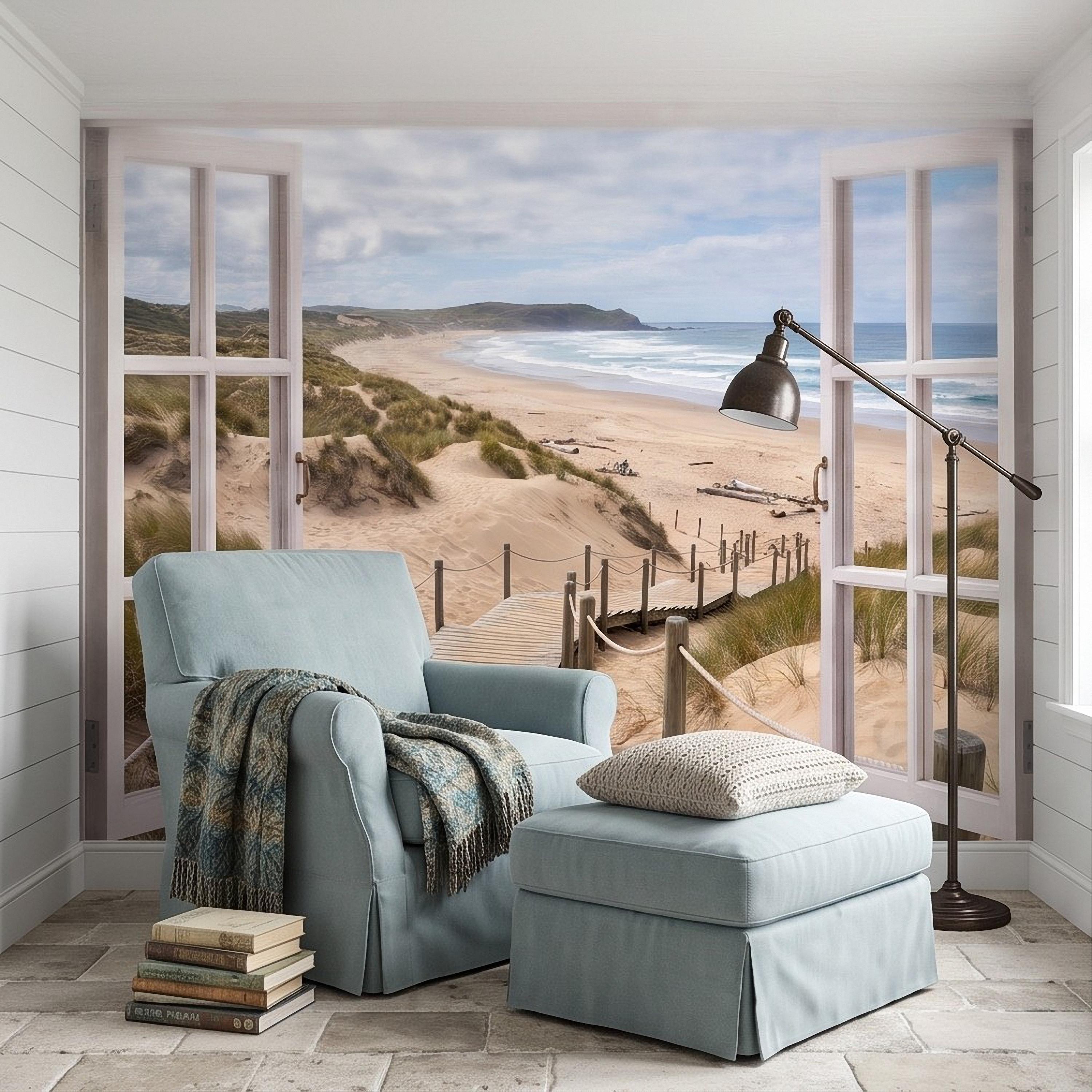 Beach Window View Peel and Stick Wall Mural, Coastal Ocean Dunes Wooden Boardwalk Seaside Landscape Scenic Escape Wallpaper