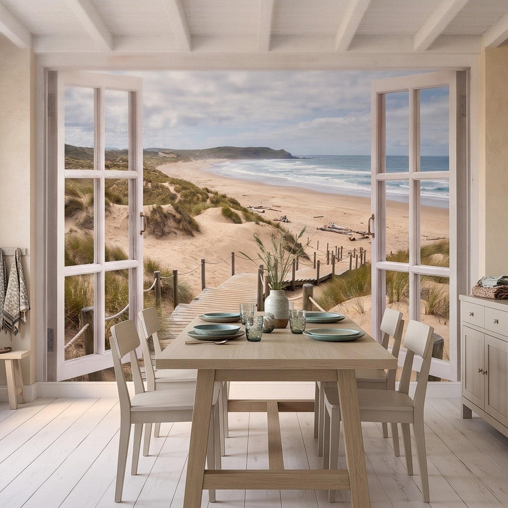 Beach Window View Peel and Stick Wall Mural, Coastal Ocean Dunes Wooden Boardwalk Seaside Landscape Scenic Escape Wallpaper