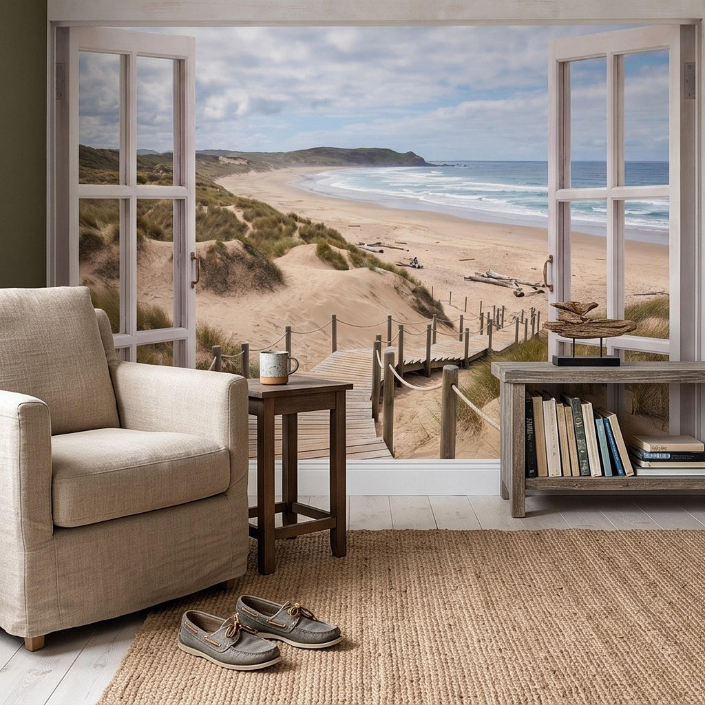 Beach Window View Peel and Stick Wall Mural, Coastal Ocean Dunes Wooden Boardwalk Seaside Landscape Scenic Escape Wallpaper