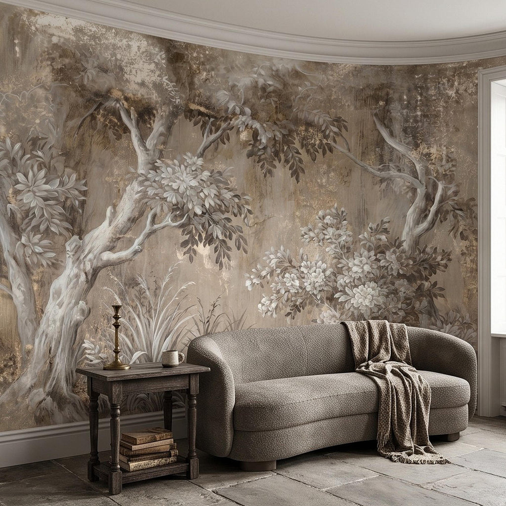 Woodland Forest Peel and Stick Wall Mural, Neutral Trees Blooming Branches Vintage Sepia Botanical Wallpaper