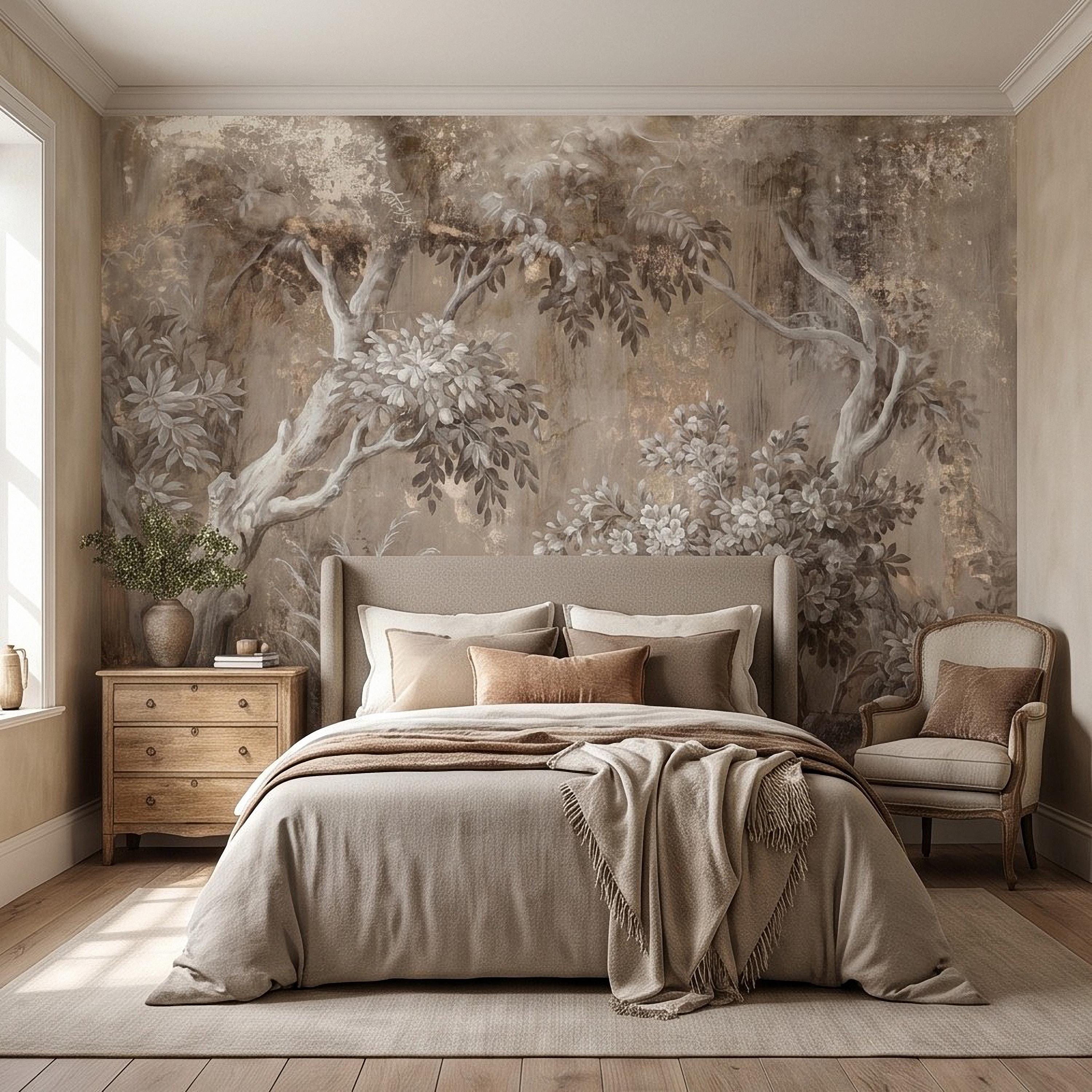Woodland Forest Peel and Stick Wall Mural, Neutral Trees Blooming Branches Vintage Sepia Botanical Wallpaper