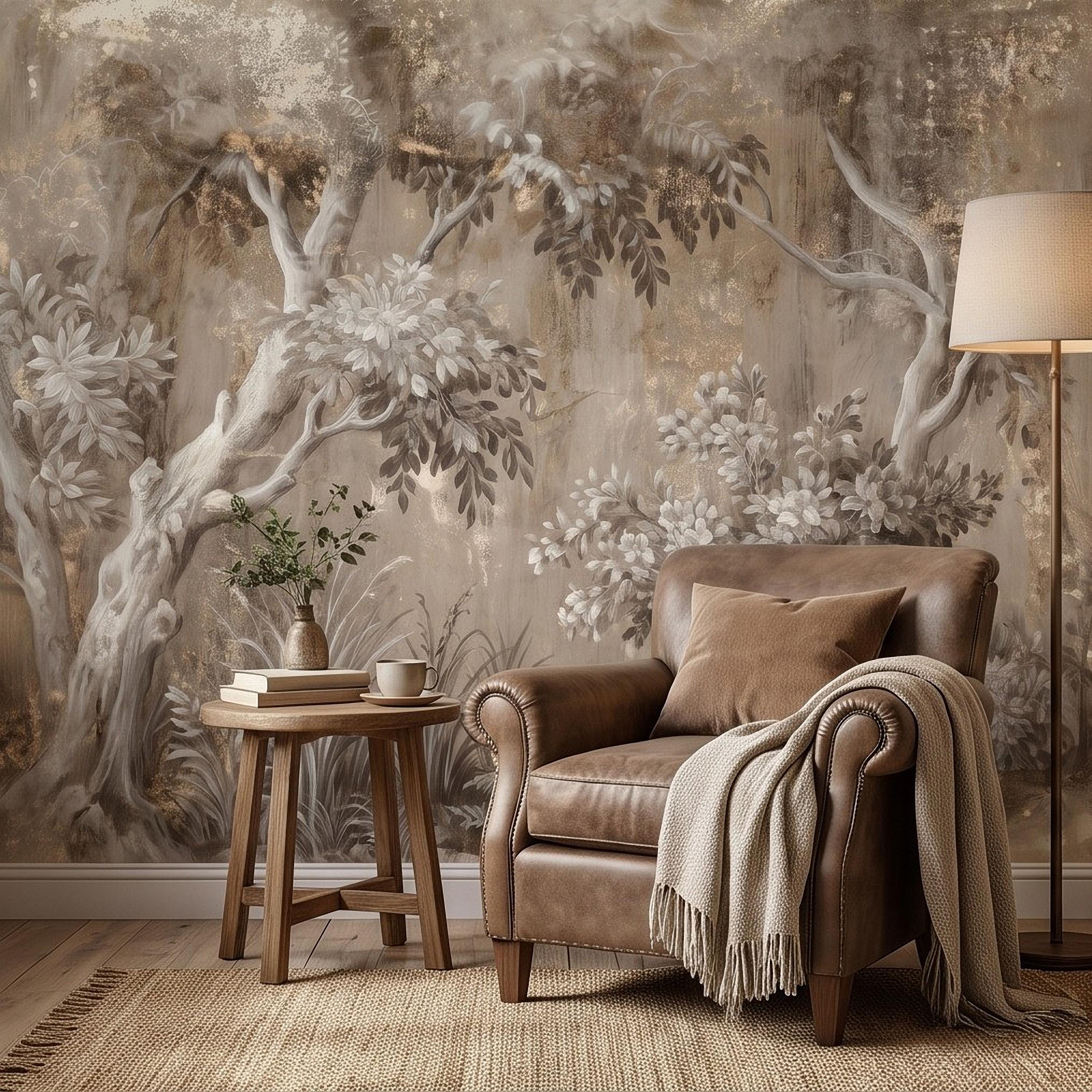 Woodland Forest Peel and Stick Wall Mural, Neutral Trees Blooming Branches Vintage Sepia Botanical Wallpaper