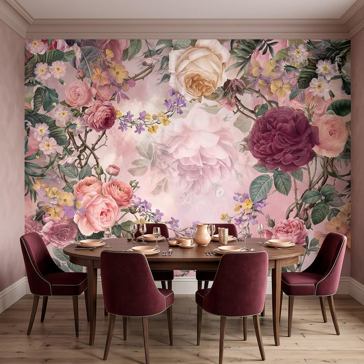 Floral watercolor wall mural with layered pink roses, purple wildflowers, and green leaves
