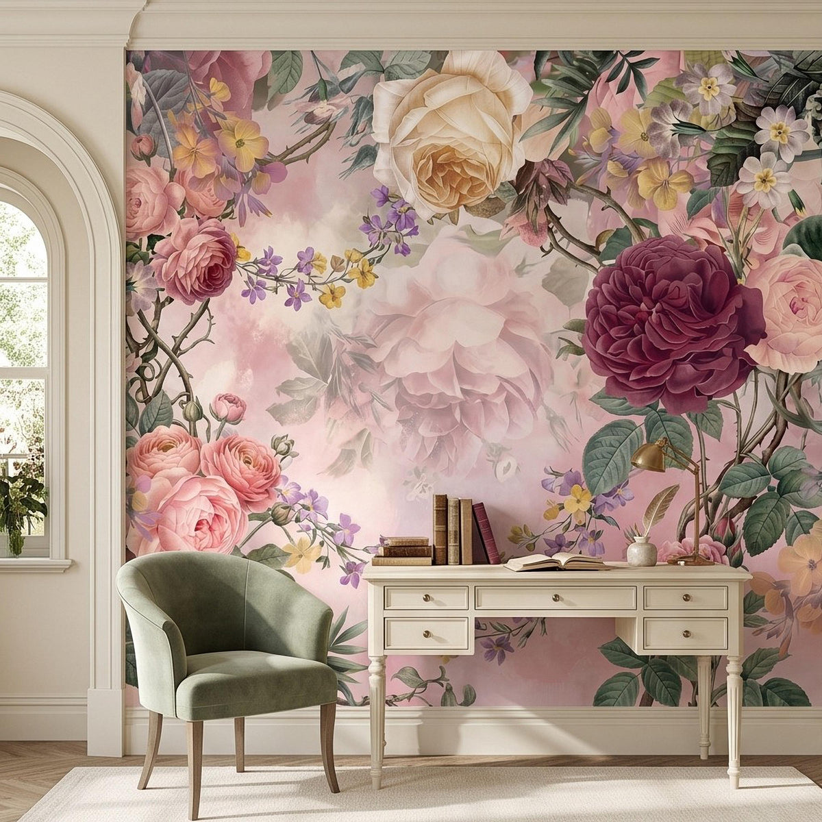 Floral watercolor wall mural with cream rose center, pink blossoms, and purple flower sprays