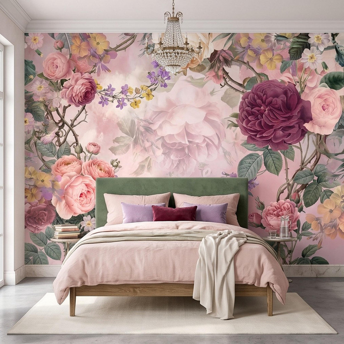 Floral watercolor wall mural featuring large purple rose blooms, pink blossoms, and leafy vines