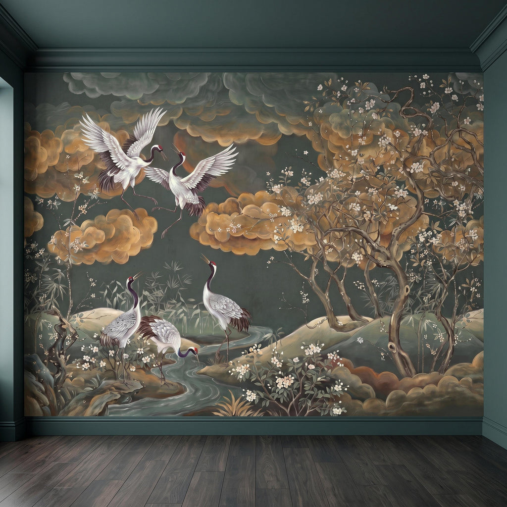 Oriental Chinoiserie Crane Peel and Stick Wall Mural, Blossom Branches Vintage Asian Garden Wallpaper