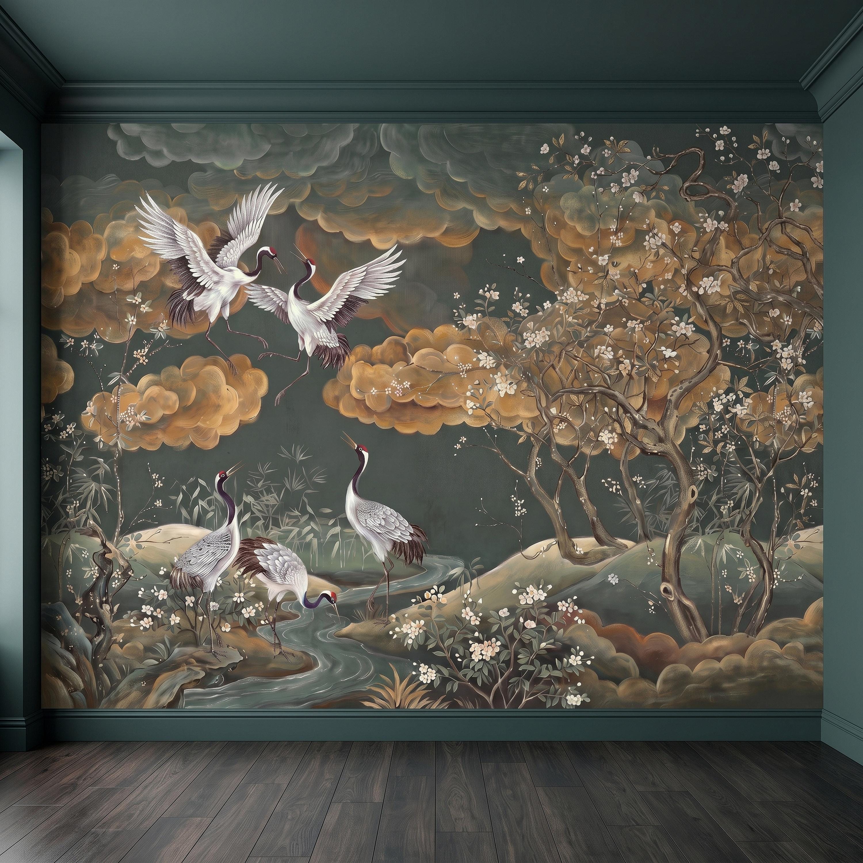 Oriental Chinoiserie Crane Peel and Stick Wall Mural, Blossom Branches Vintage Asian Garden Wallpaper