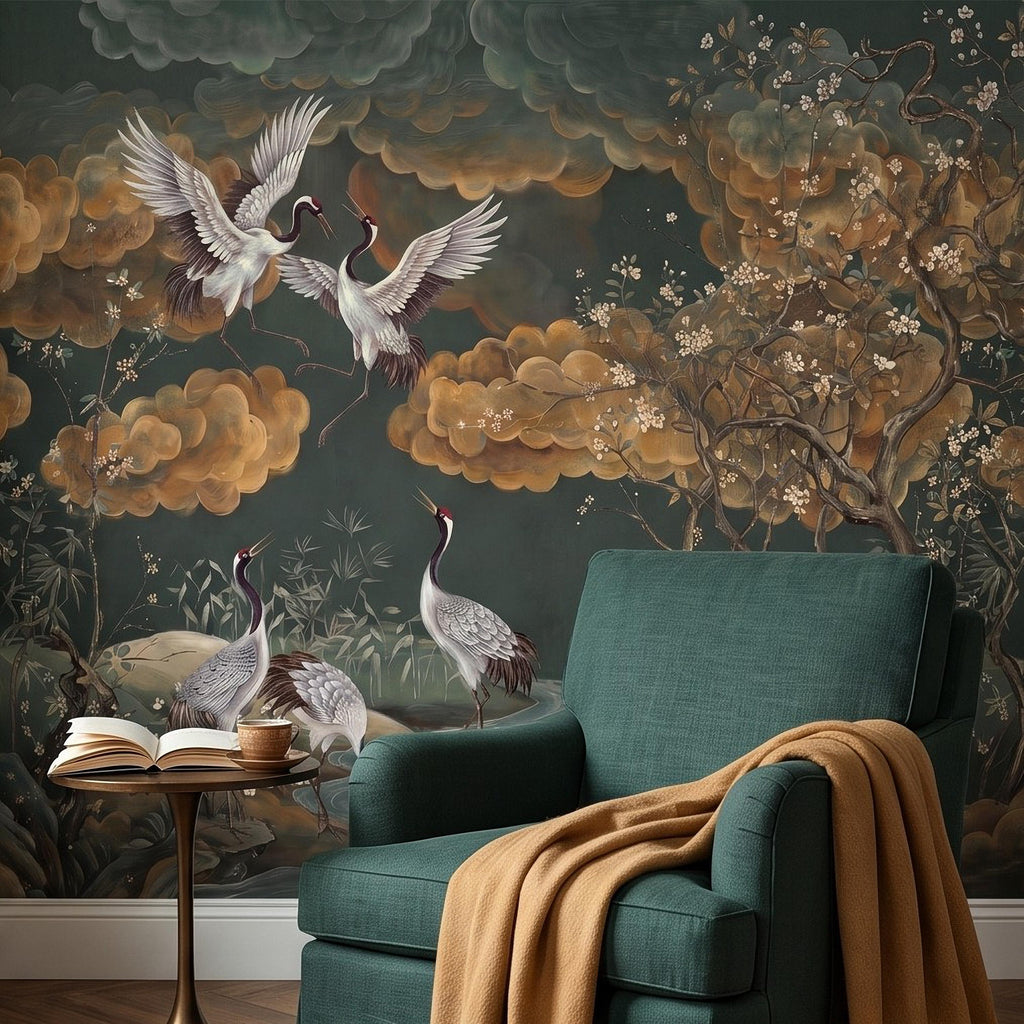 Oriental Chinoiserie Crane Peel and Stick Wall Mural, Blossom Branches Vintage Asian Garden Wallpaper