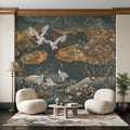 Oriental Chinoiserie Crane Peel and Stick Wall Mural, Blossom Branches Vintage Asian Garden Wallpaper