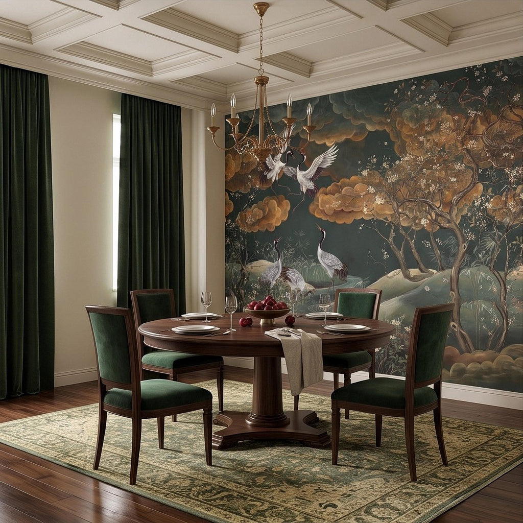 Oriental Chinoiserie Crane Peel and Stick Wall Mural, Blossom Branches Vintage Asian Garden Wallpaper