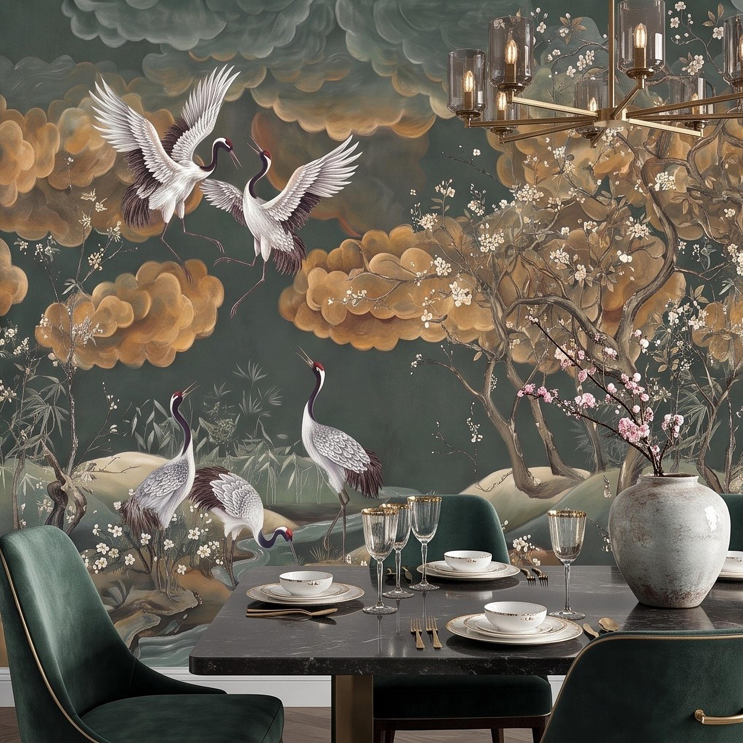 Oriental Chinoiserie Crane Peel and Stick Wall Mural, Blossom Branches Vintage Asian Garden Wallpaper
