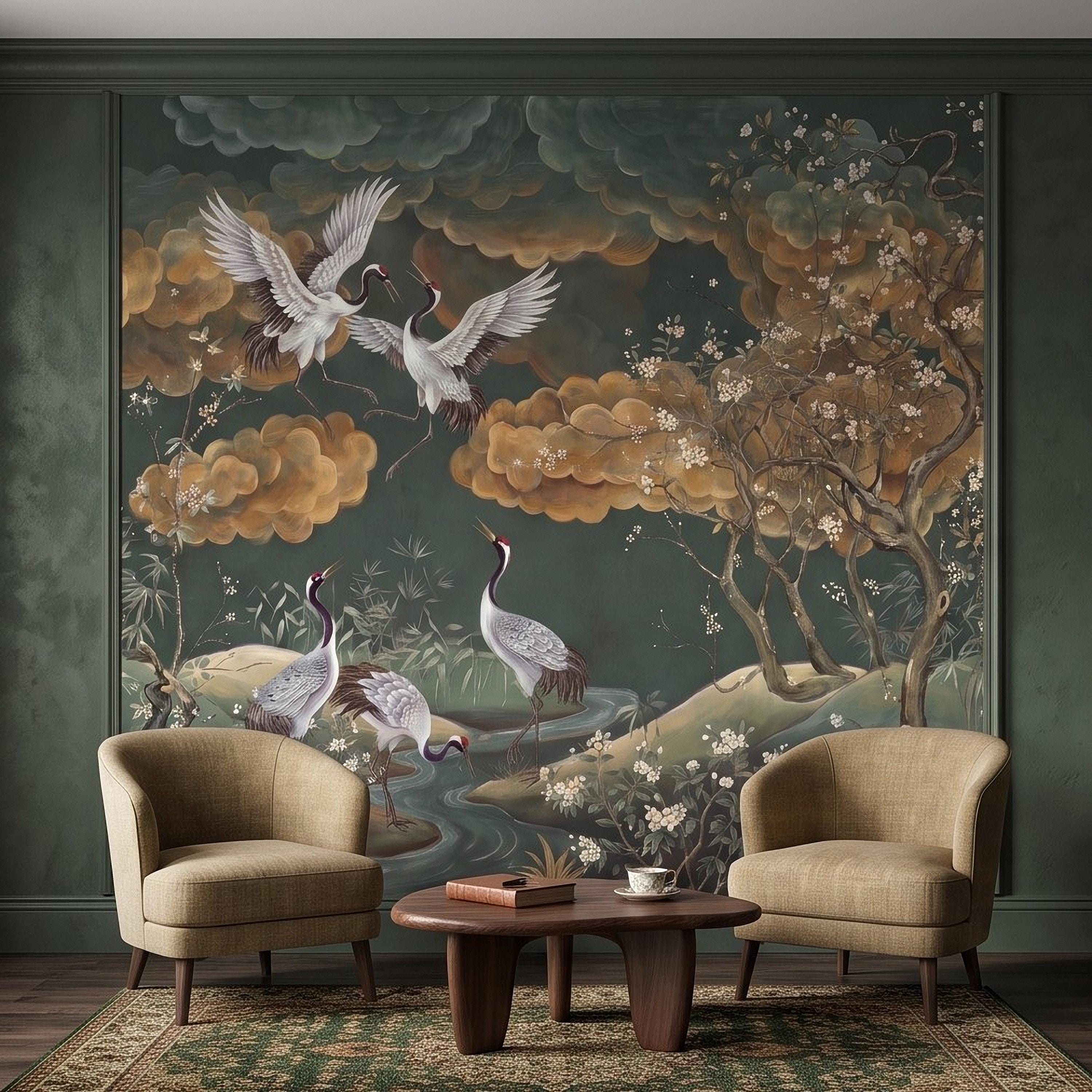 Oriental Chinoiserie Crane Peel and Stick Wall Mural, Blossom Branches Vintage Asian Garden Wallpaper