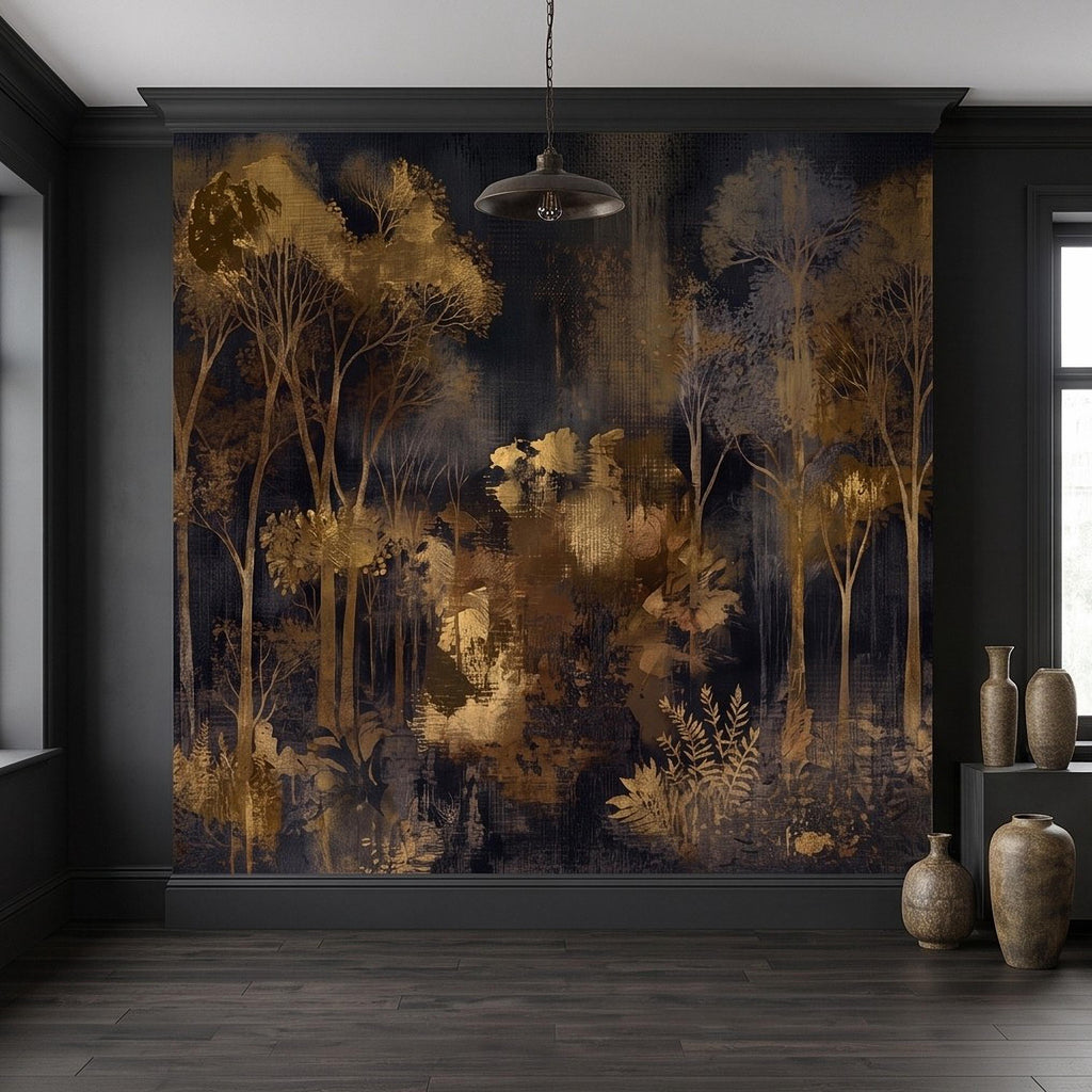 Abstract Forest Peel and Stick Wall Mural, Moody Woodland Gold Trees Dark Nature Textured Modern Luxury Wallpaper