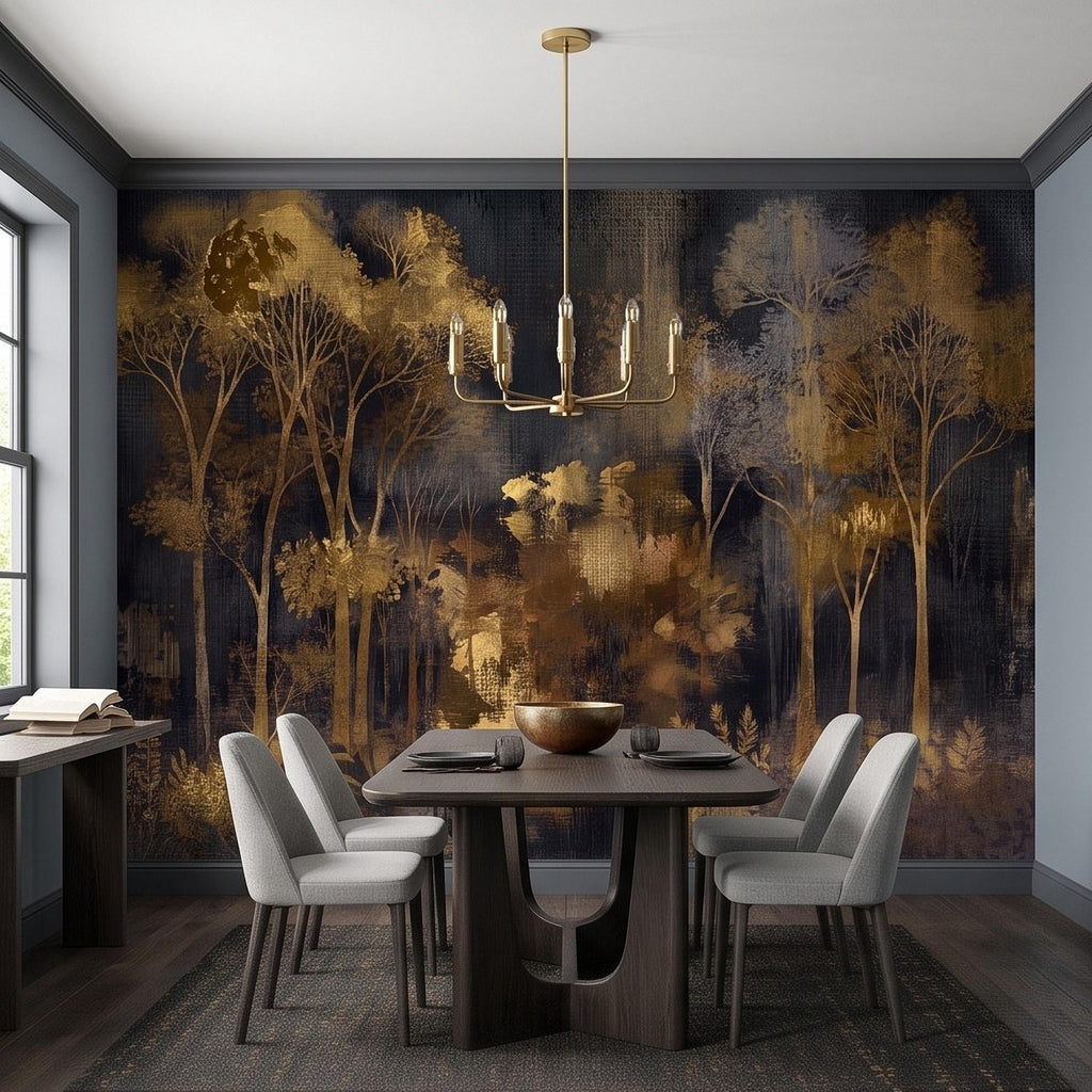 Abstract Forest Peel and Stick Wall Mural, Moody Woodland Gold Trees Dark Nature Textured Modern Luxury Wallpaper