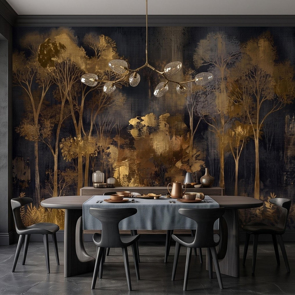 Abstract Forest Peel and Stick Wall Mural, Moody Woodland Gold Trees Dark Nature Textured Modern Luxury Wallpaper