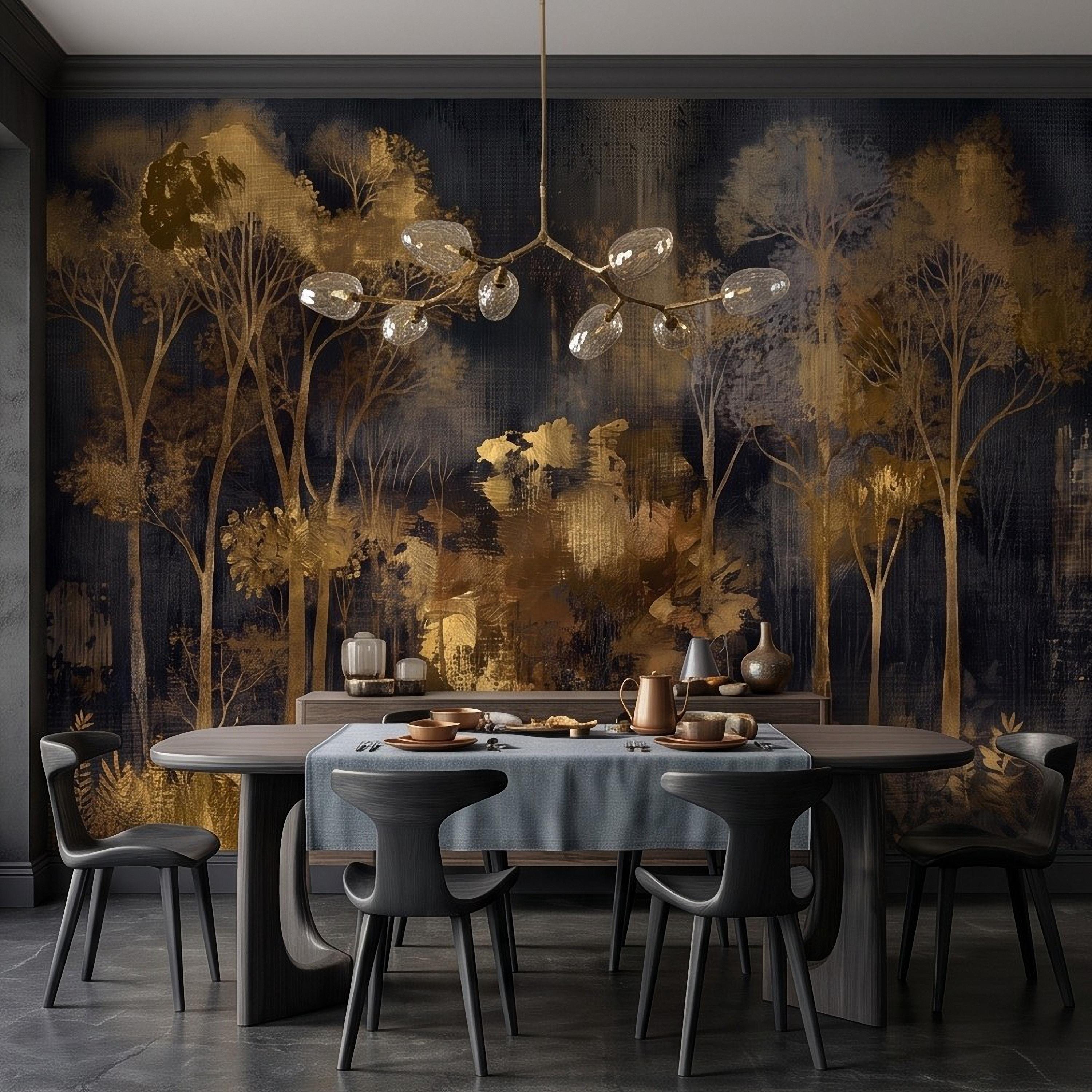 Abstract Forest Peel and Stick Wall Mural, Moody Woodland Gold Trees Dark Nature Textured Modern Luxury Wallpaper