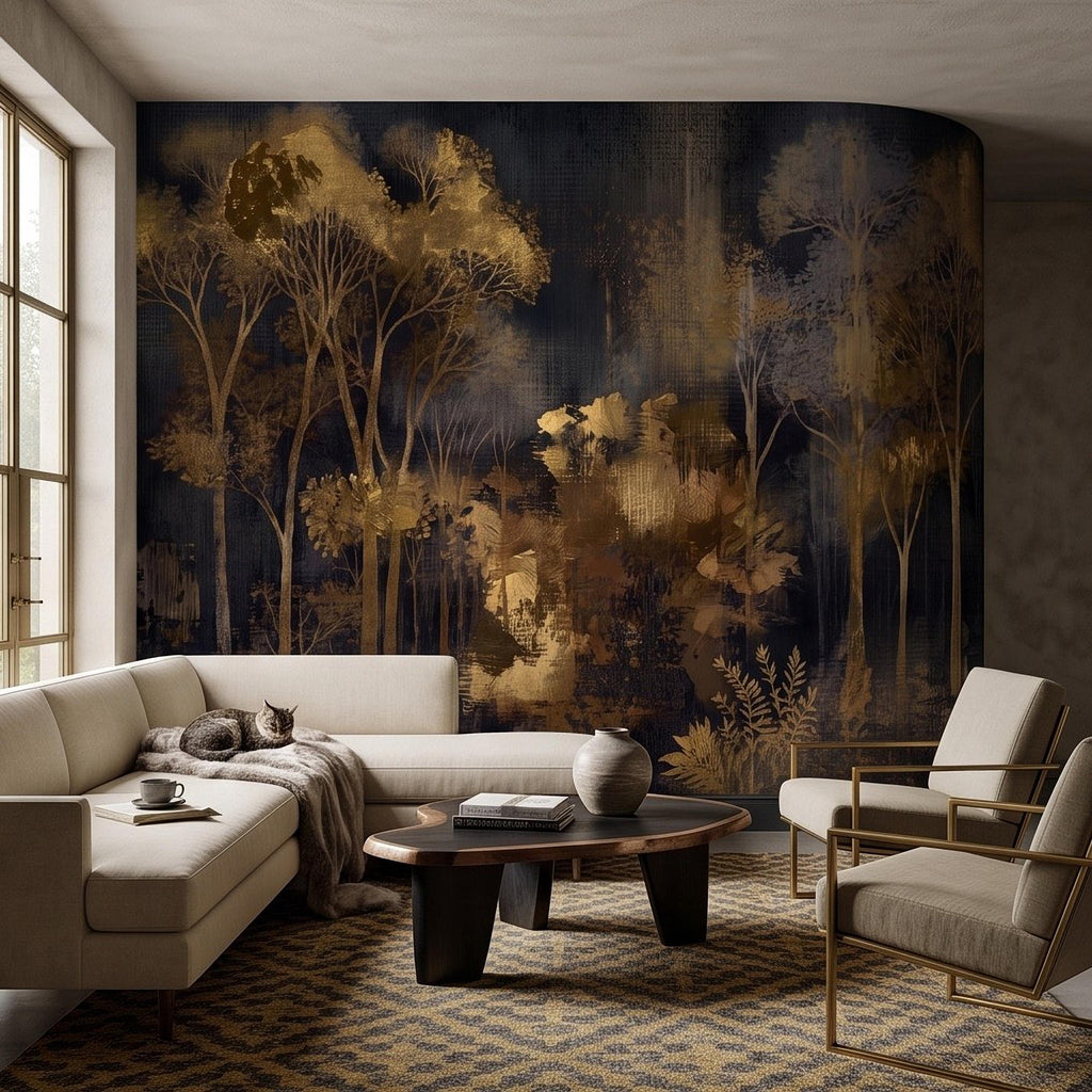 Abstract Forest Peel and Stick Wall Mural, Moody Woodland Gold Trees Dark Nature Textured Modern Luxury Wallpaper