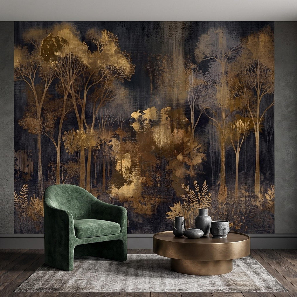 Abstract Forest Peel and Stick Wall Mural, Moody Woodland Gold Trees Dark Nature Textured Modern Luxury Wallpaper