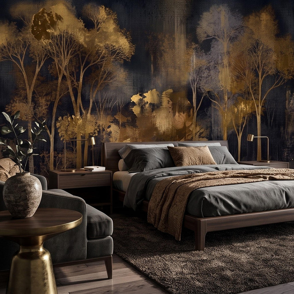 Abstract Forest Peel and Stick Wall Mural, Moody Woodland Gold Trees Dark Nature Textured Modern Luxury Wallpaper