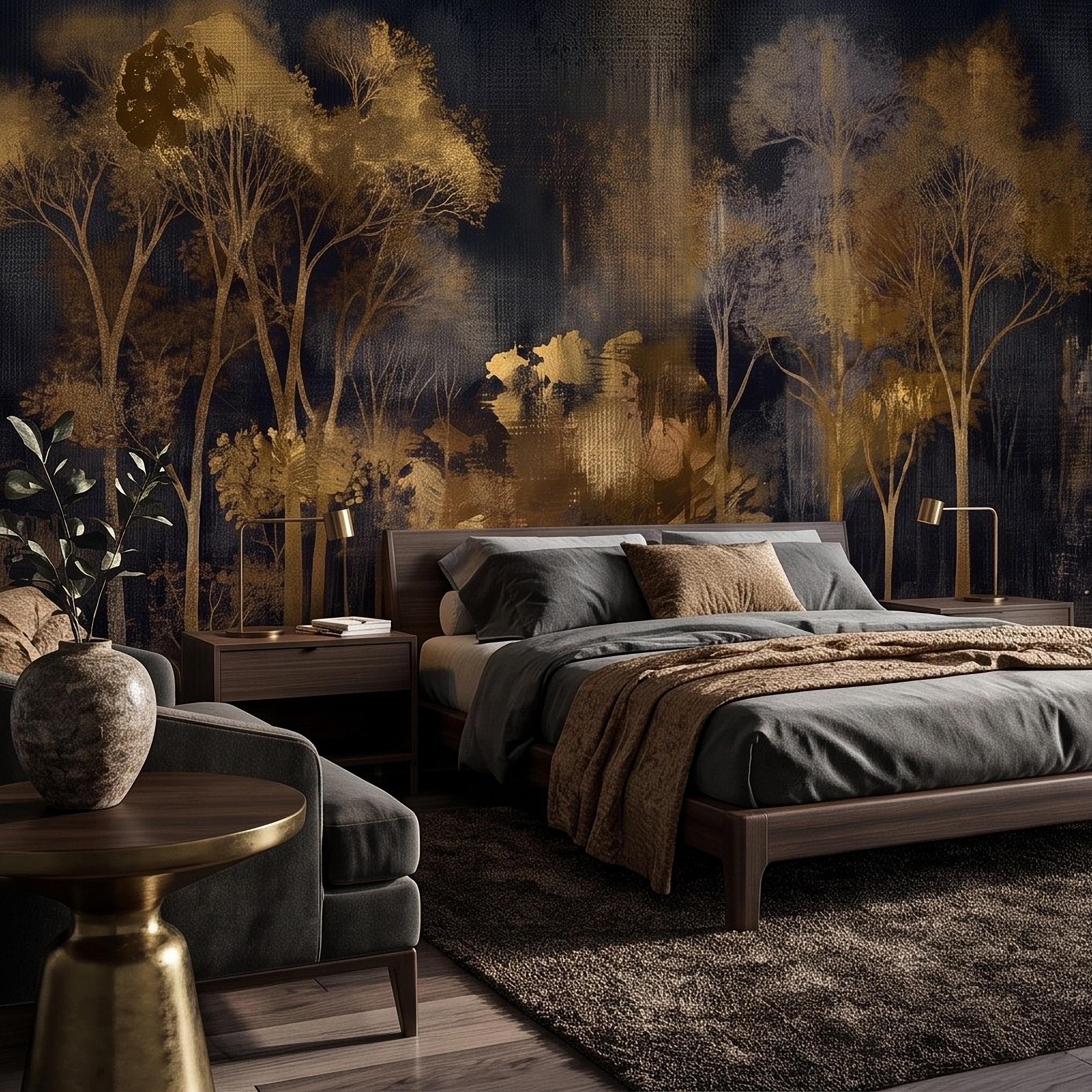 Abstract Forest Peel and Stick Wall Mural, Moody Woodland Gold Trees Dark Nature Textured Modern Luxury Wallpaper