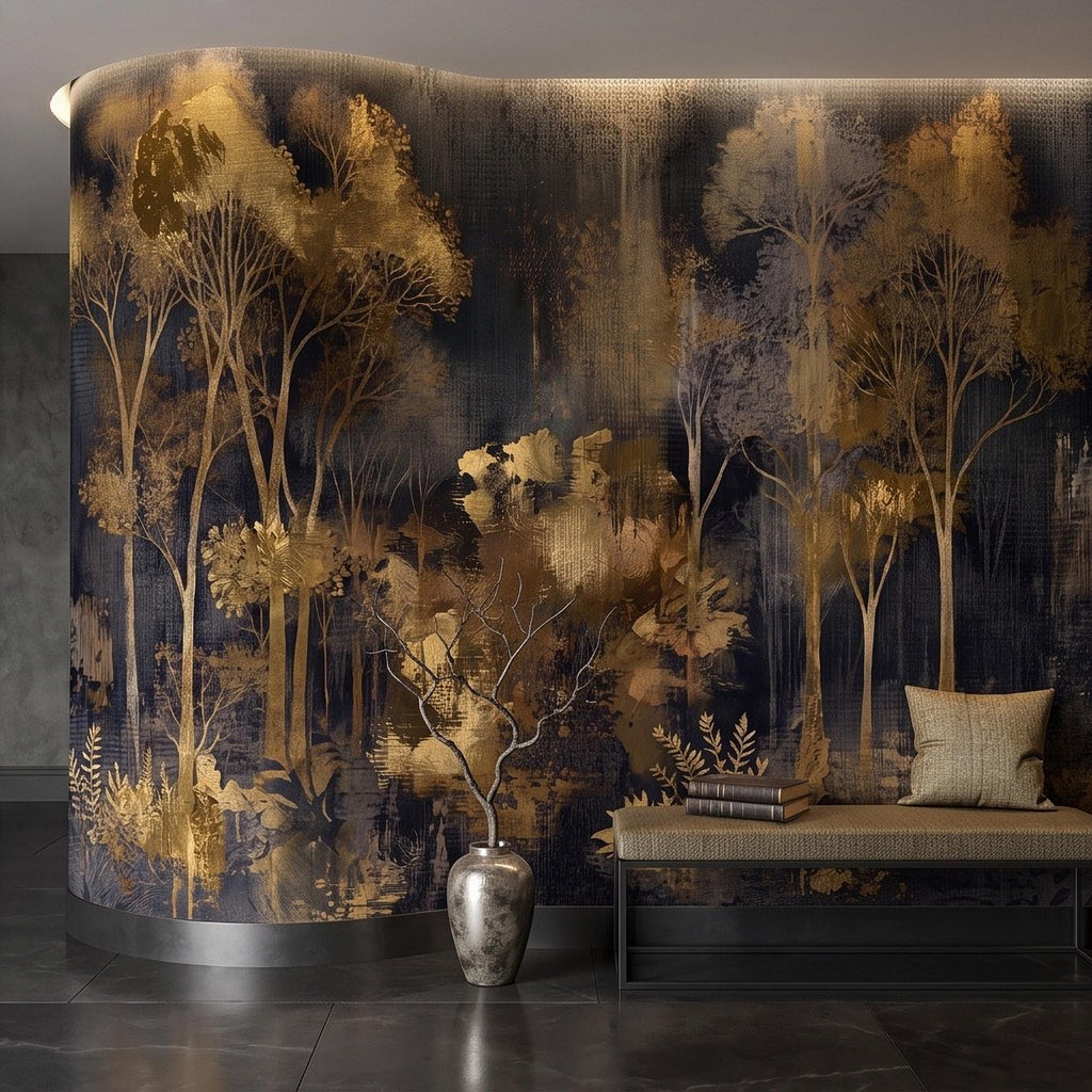 Abstract Forest Peel and Stick Wall Mural, Moody Woodland Gold Trees Dark Nature Textured Modern Luxury Wallpaper