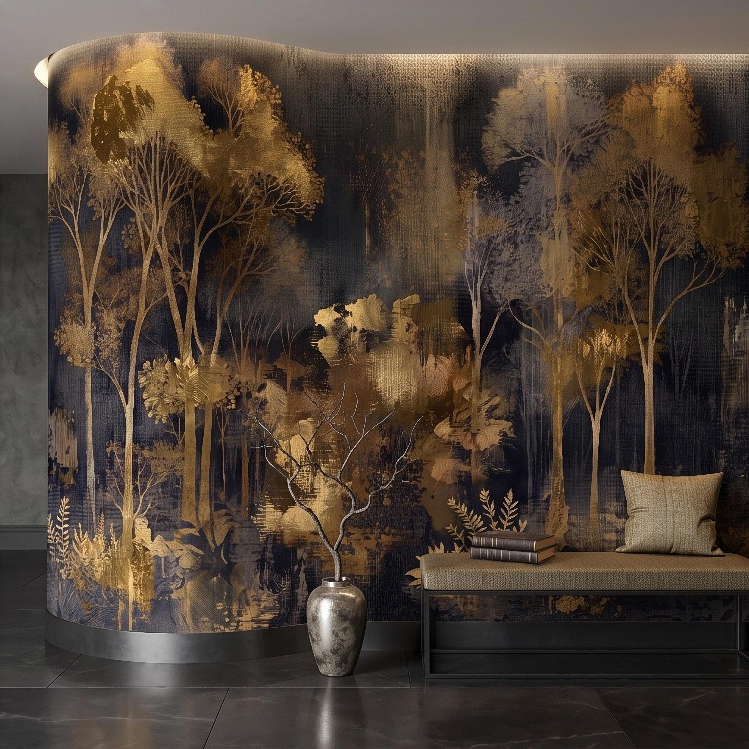 Abstract Forest Peel and Stick Wall Mural, Moody Woodland Gold Trees Dark Nature Textured Modern Luxury Wallpaper