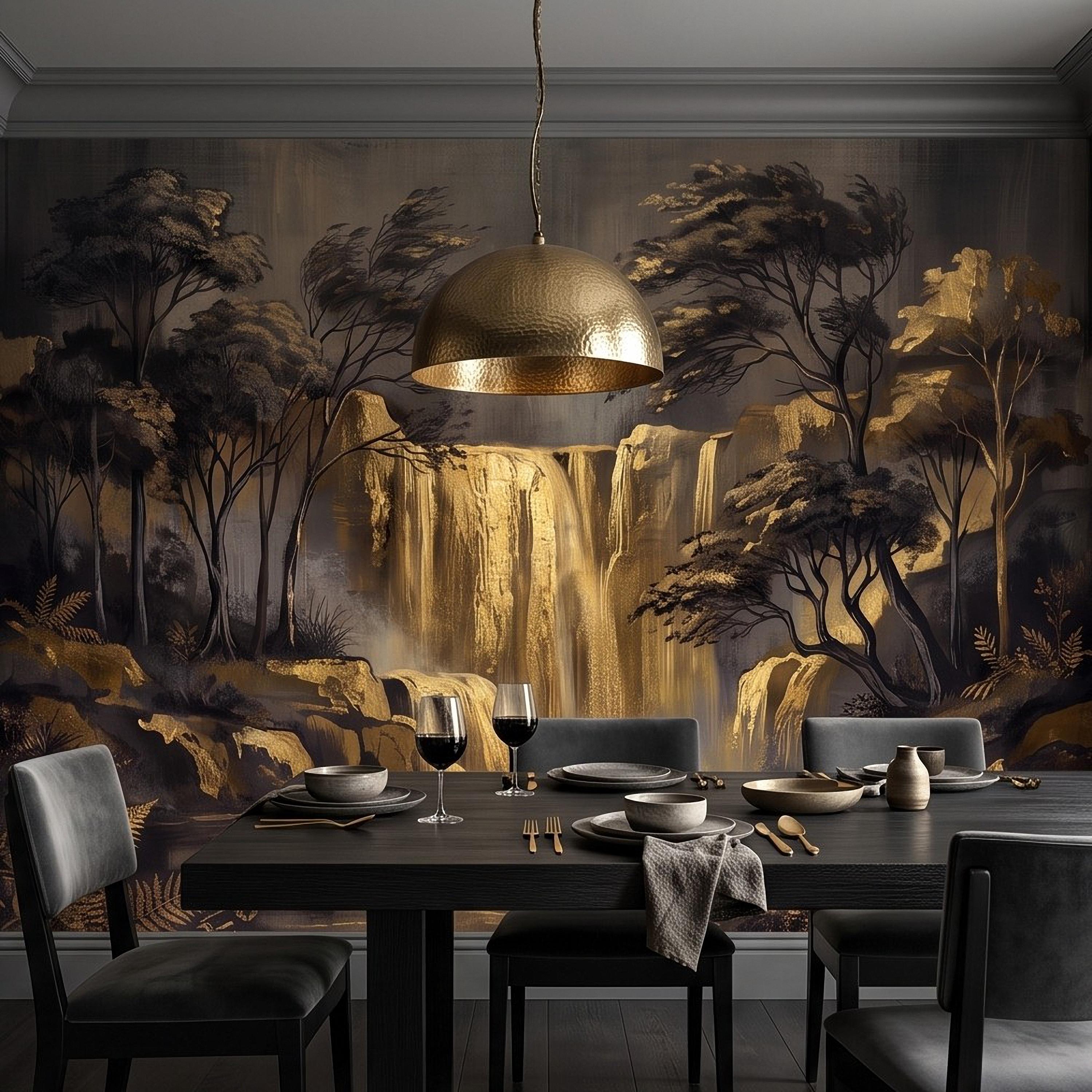 Abstract Waterfall Peel and Stick Wall Mural, Moody Forest Golden Waterfall Dark Woodland Nature Landscape Luxury Wallpaper