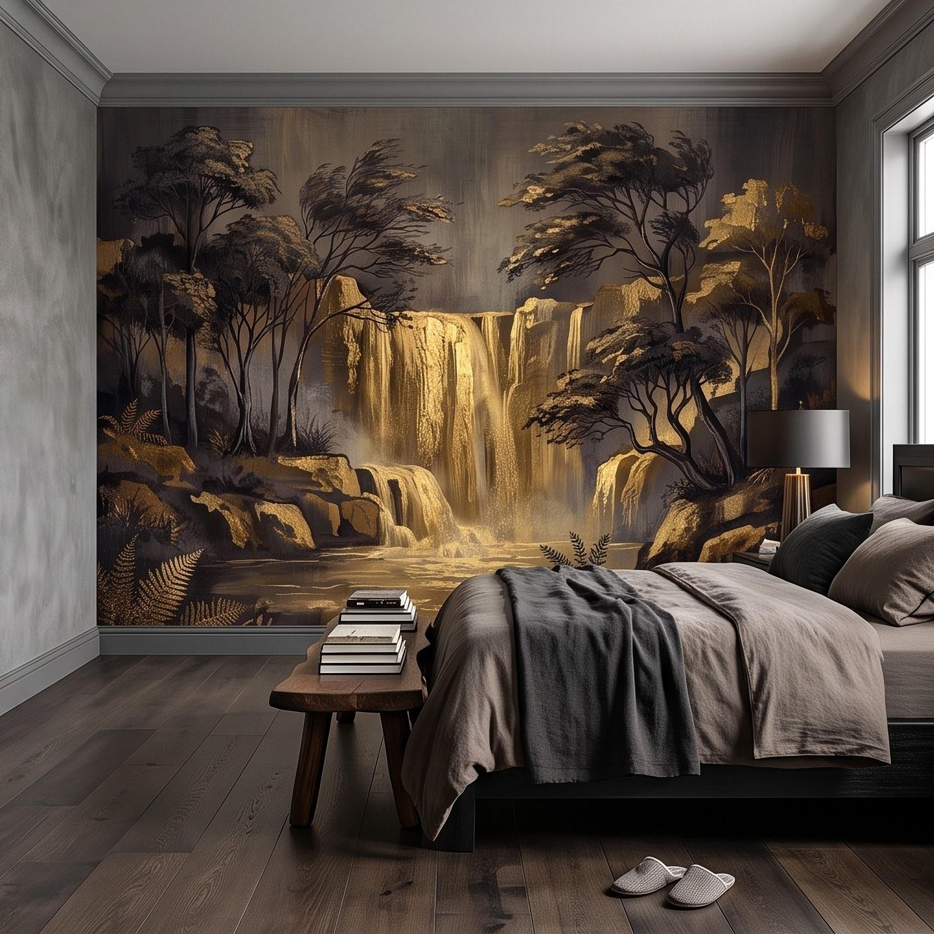 Abstract Waterfall Peel and Stick Wall Mural, Moody Forest Golden Waterfall Dark Woodland Nature Landscape Luxury Wallpaper