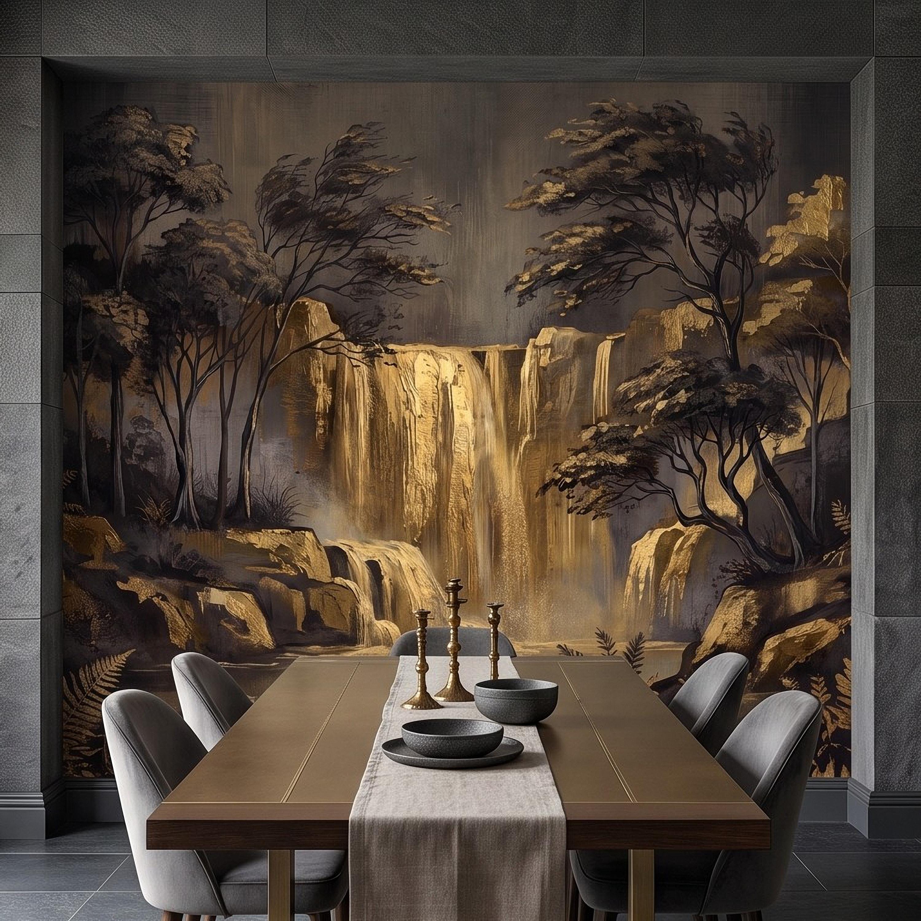 Abstract Waterfall Peel and Stick Wall Mural, Moody Forest Golden Waterfall Dark Woodland Nature Landscape Luxury Wallpaper