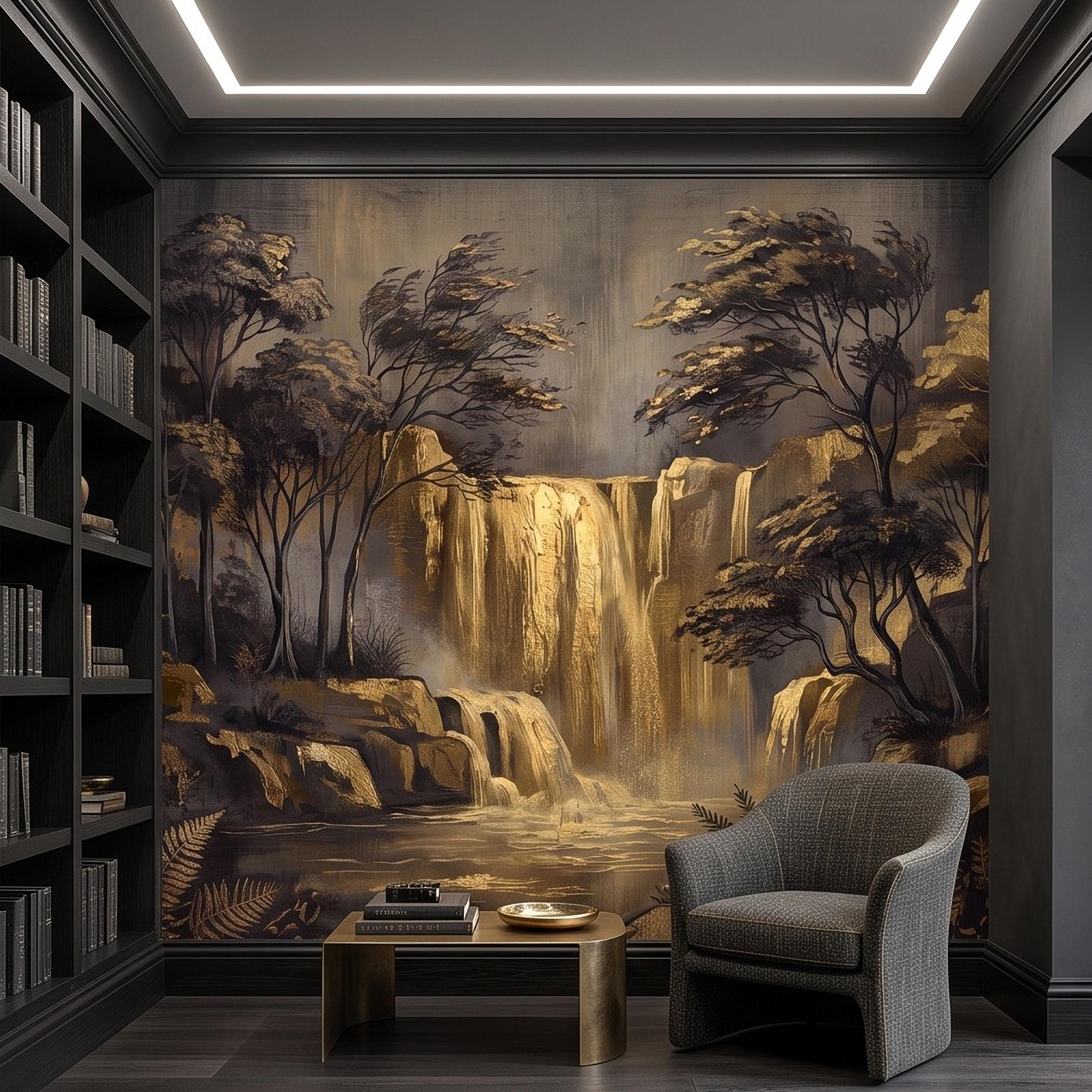 Abstract Waterfall Peel and Stick Wall Mural, Moody Forest Golden Waterfall Dark Woodland Nature Landscape Luxury Wallpaper