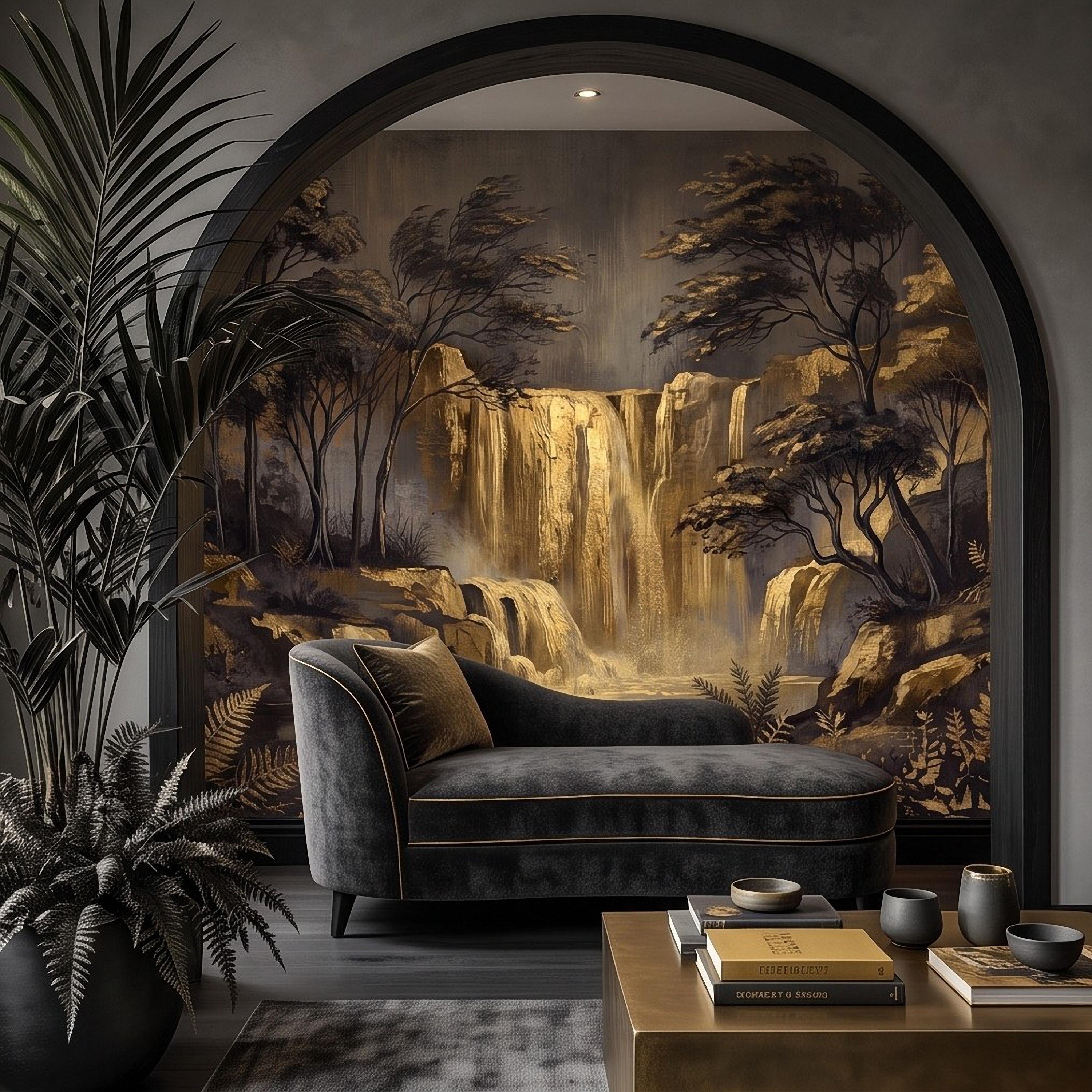 Abstract Waterfall Peel and Stick Wall Mural, Moody Forest Golden Waterfall Dark Woodland Nature Landscape Luxury Wallpaper