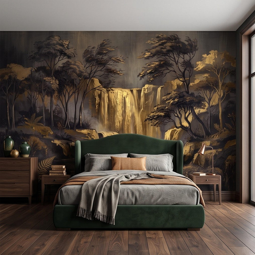 Abstract Waterfall Peel and Stick Wall Mural, Moody Forest Golden Waterfall Dark Woodland Nature Landscape Luxury Wallpaper