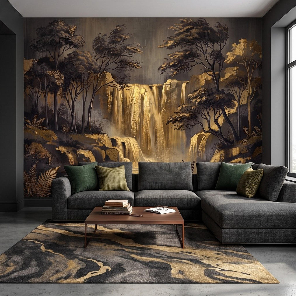 Abstract Waterfall Peel and Stick Wall Mural, Moody Forest Golden Waterfall Dark Woodland Nature Landscape Luxury Wallpaper