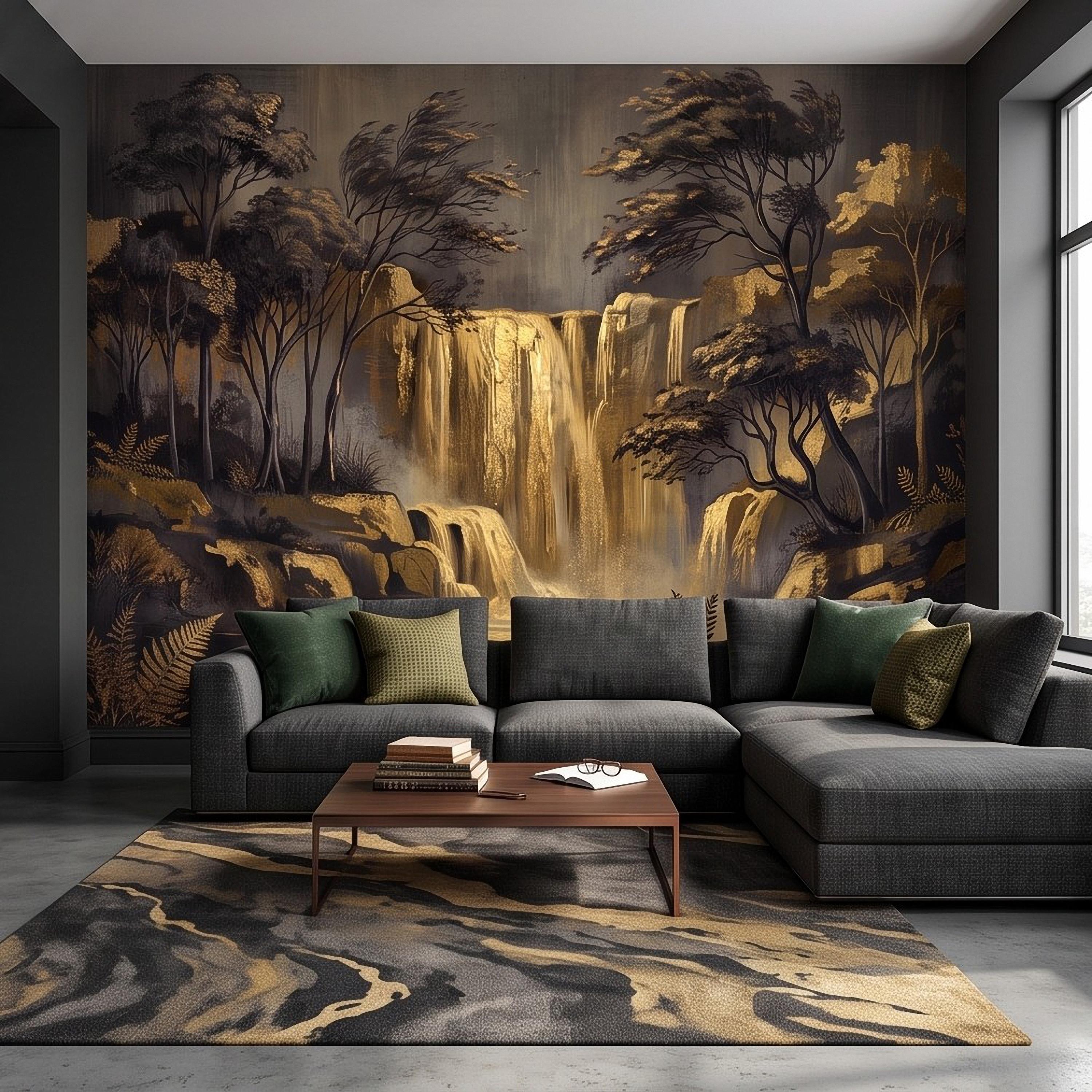 Abstract Waterfall Peel and Stick Wall Mural, Moody Forest Golden Waterfall Dark Woodland Nature Landscape Luxury Wallpaper
