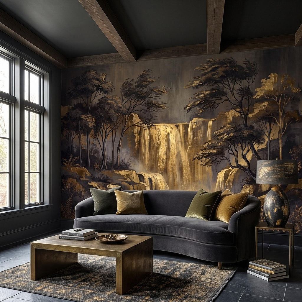 Abstract Waterfall Peel and Stick Wall Mural, Moody Forest Golden Waterfall Dark Woodland Nature Landscape Luxury Wallpaper