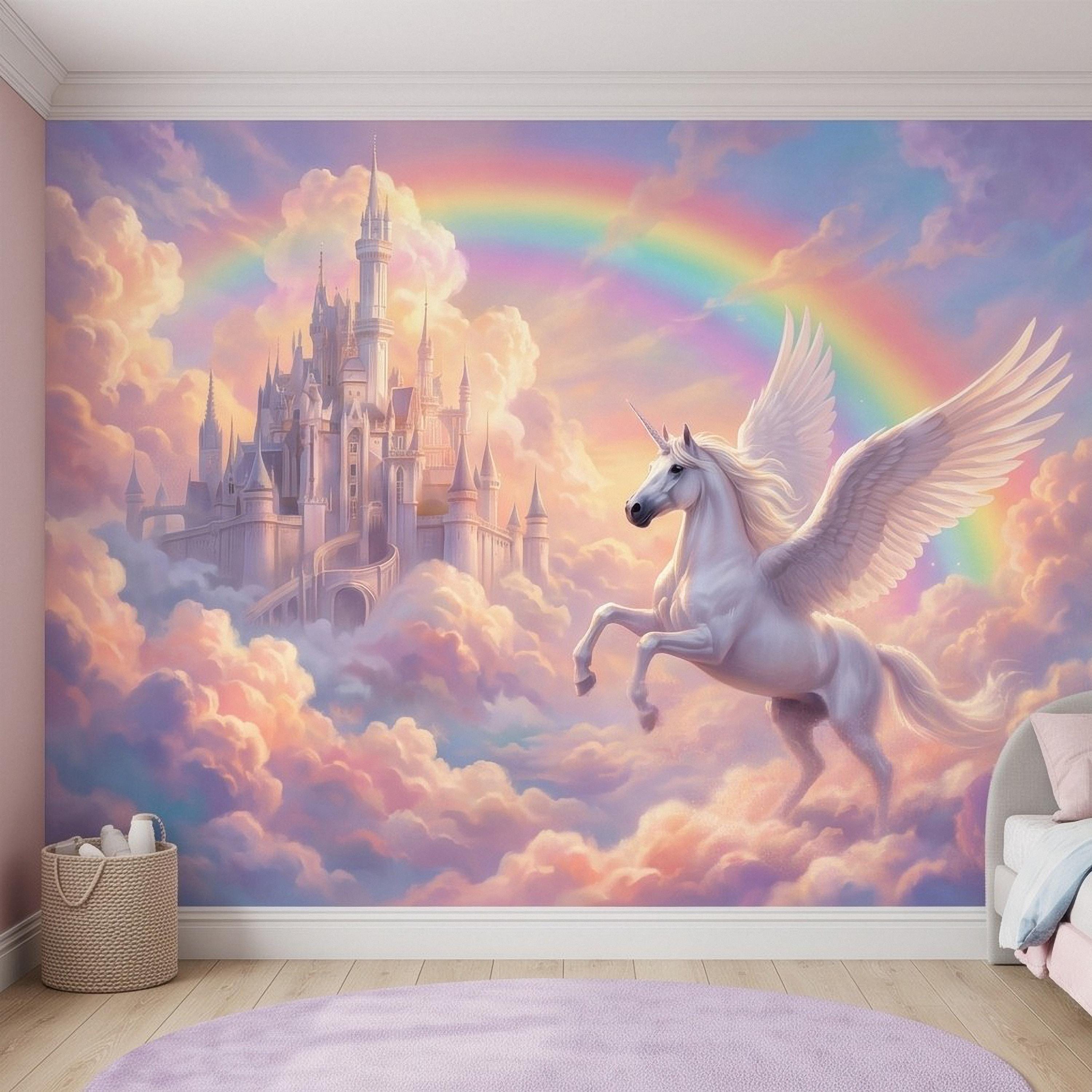 Winged Unicorn Peel and Stick Wall Mural, Rainbow Castle Clouds Pastel Fairytale Magical Fantasy Kids Wallpaper