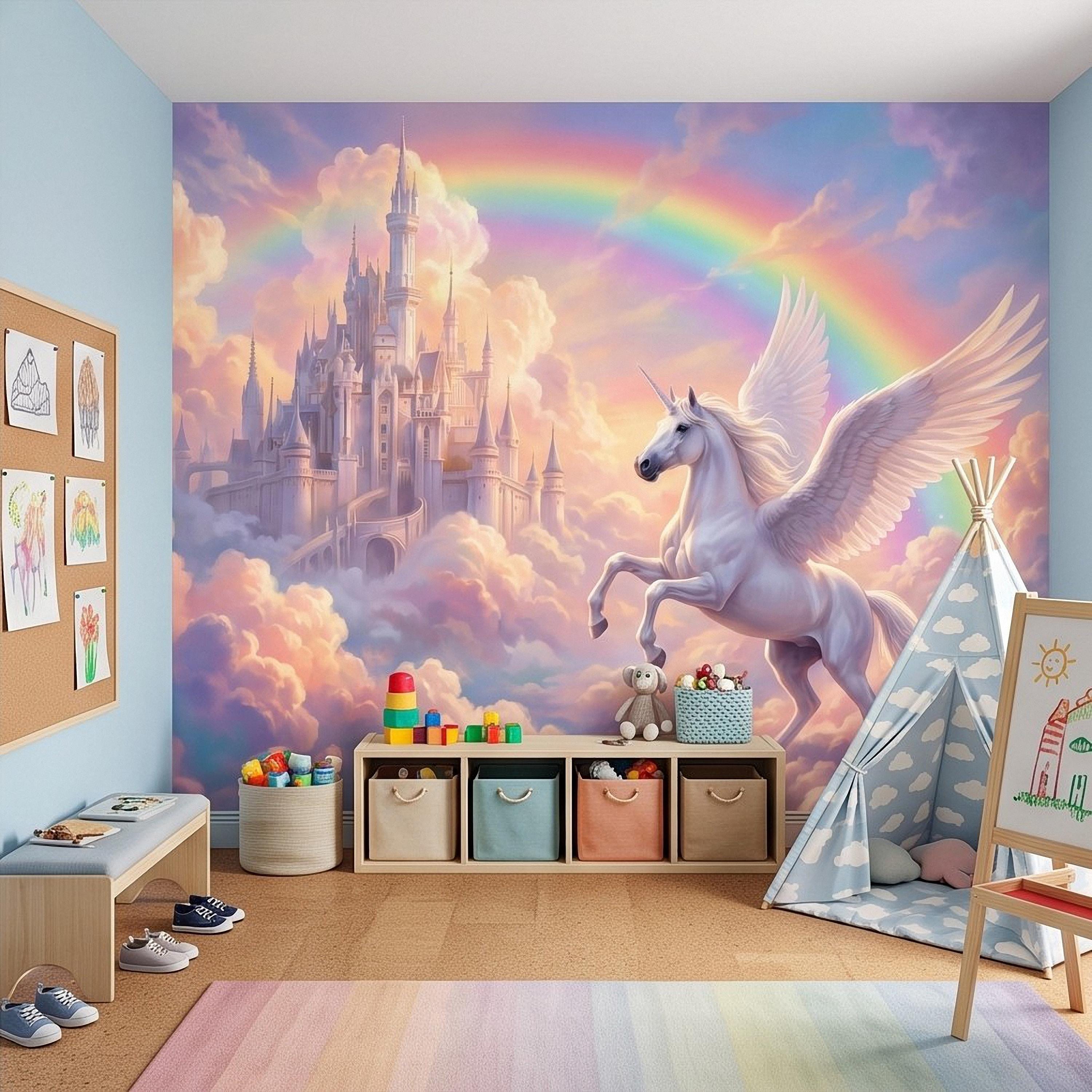 Winged Unicorn Peel and Stick Wall Mural, Rainbow Castle Clouds Pastel Fairytale Magical Fantasy Kids Wallpaper