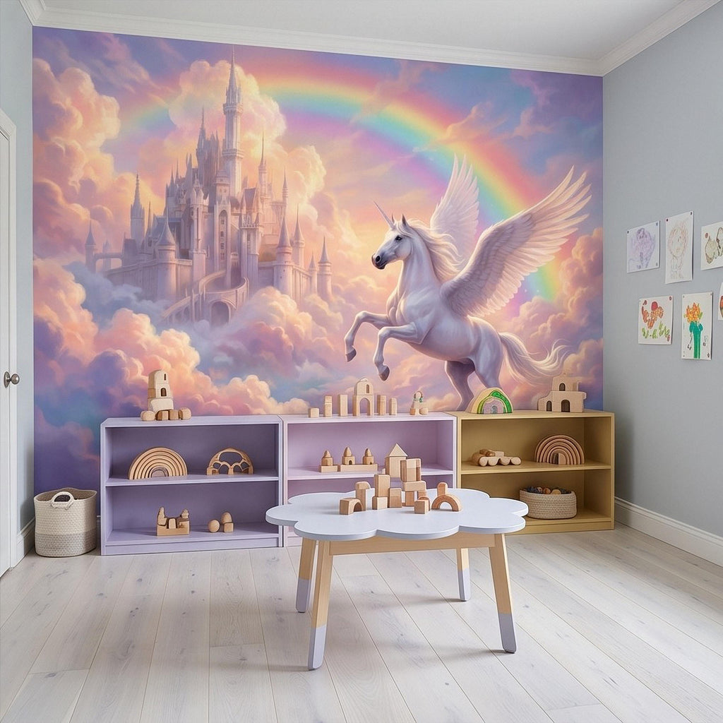 Winged Unicorn Peel and Stick Wall Mural, Rainbow Castle Clouds Pastel Fairytale Magical Fantasy Kids Wallpaper
