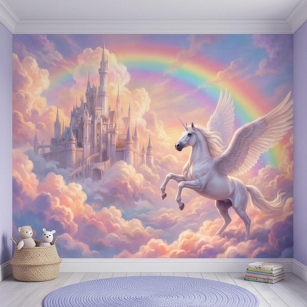 Winged Unicorn Peel and Stick Wall Mural, Rainbow Castle Clouds Pastel Fairytale Magical Fantasy Kids Wallpaper
