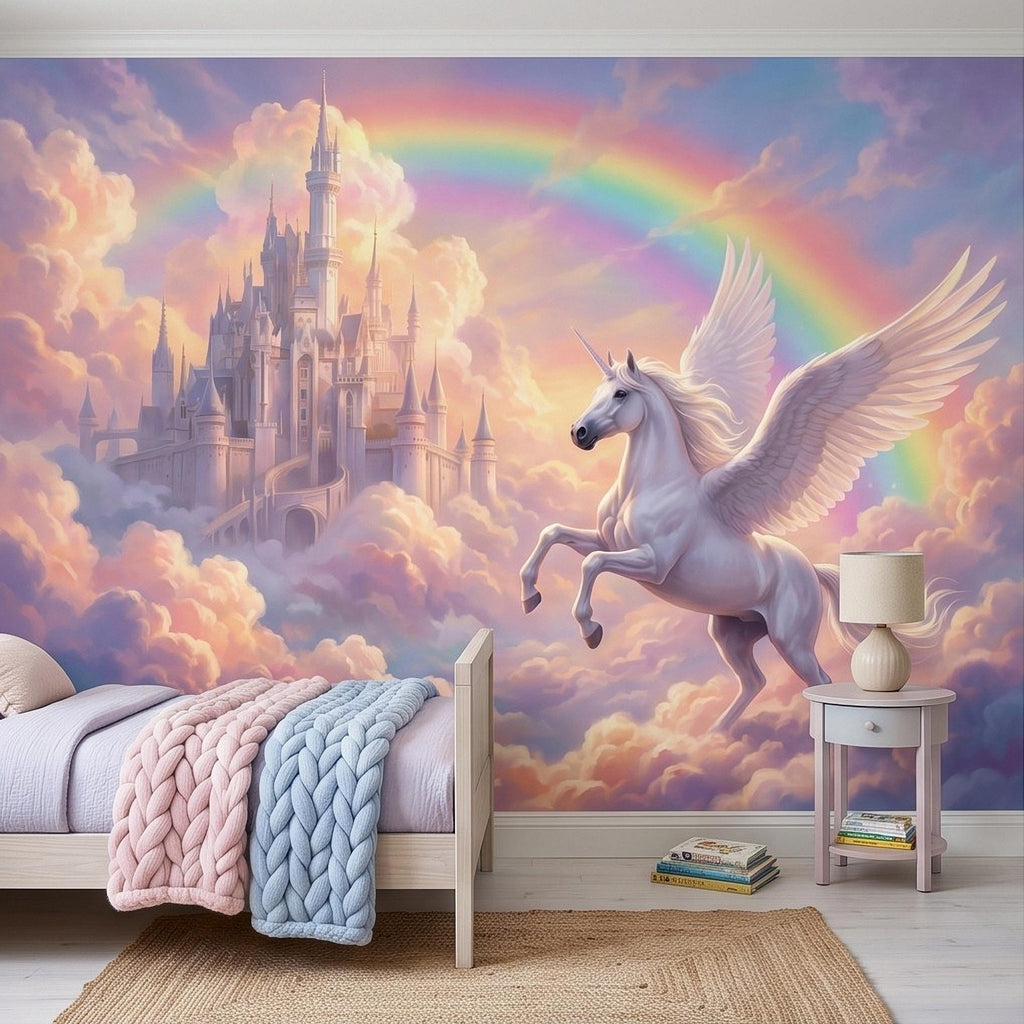 Winged Unicorn Peel and Stick Wall Mural, Rainbow Castle Clouds Pastel Fairytale Magical Fantasy Kids Wallpaper