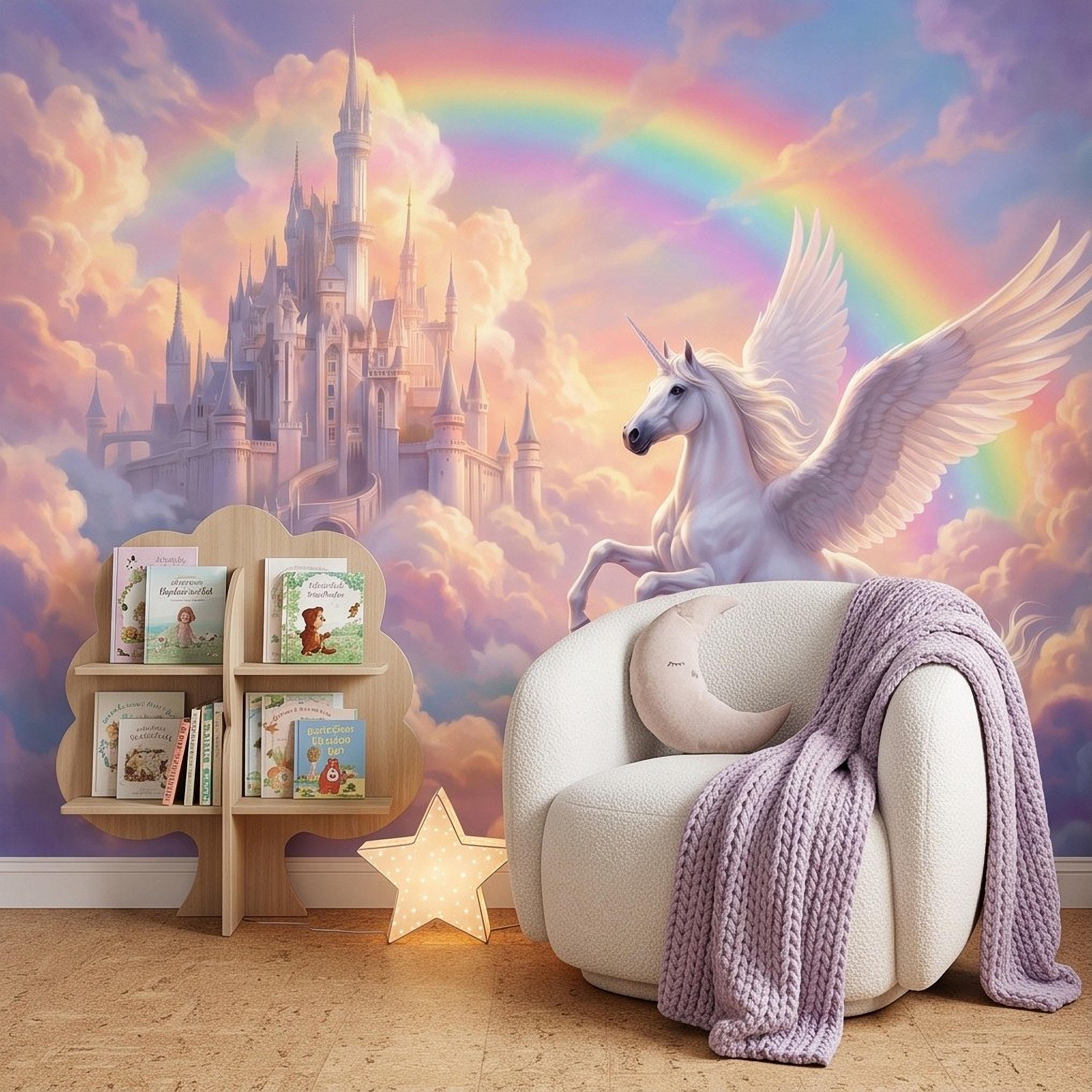 Winged Unicorn Peel and Stick Wall Mural, Rainbow Castle Clouds Pastel Fairytale Magical Fantasy Kids Wallpaper