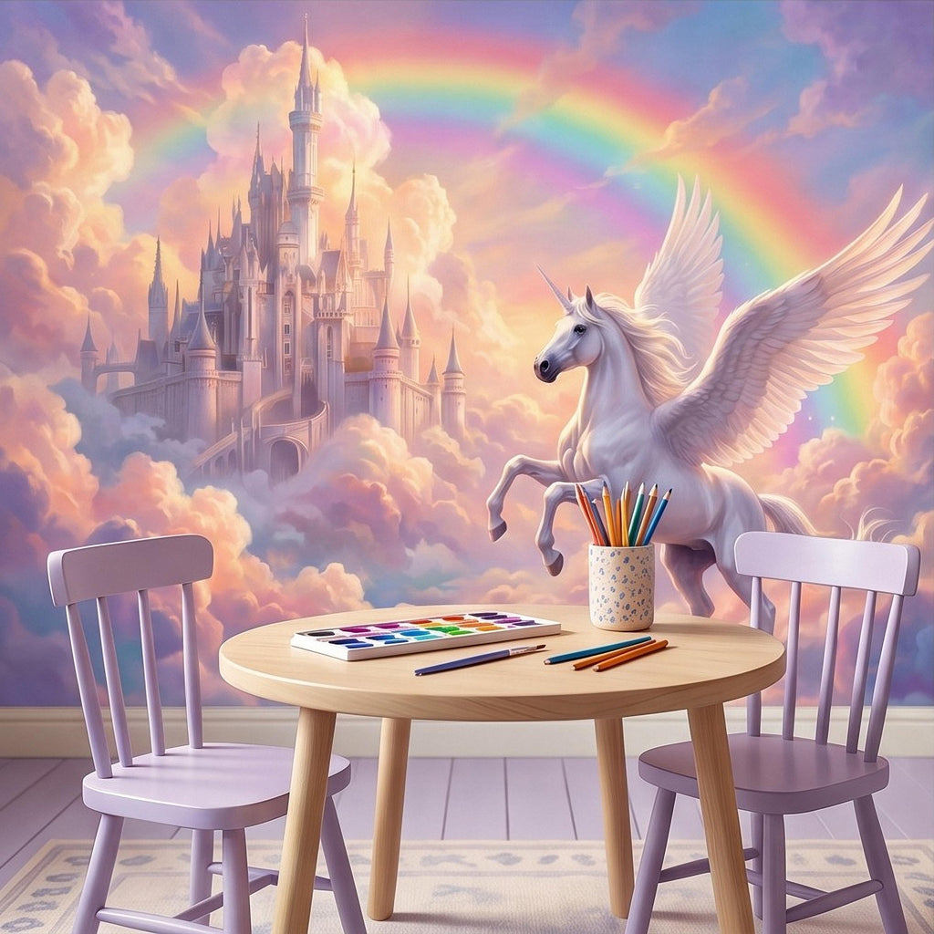 Winged Unicorn Peel and Stick Wall Mural, Rainbow Castle Clouds Pastel Fairytale Magical Fantasy Kids Wallpaper